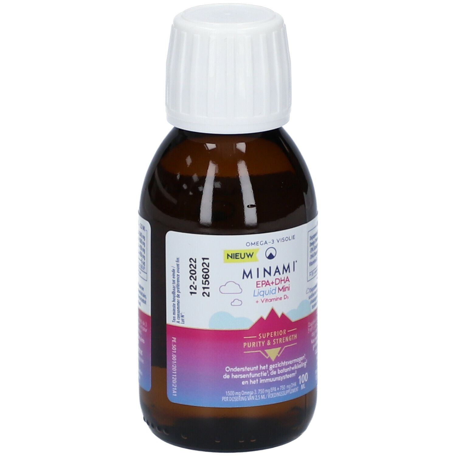 Flacon en verre brun avec bouchon blanc. Étiquette avec nom du produit MINAMI® EPA+DHA Liquid Mini, Vitamine D. Date de péremption 12-2022.