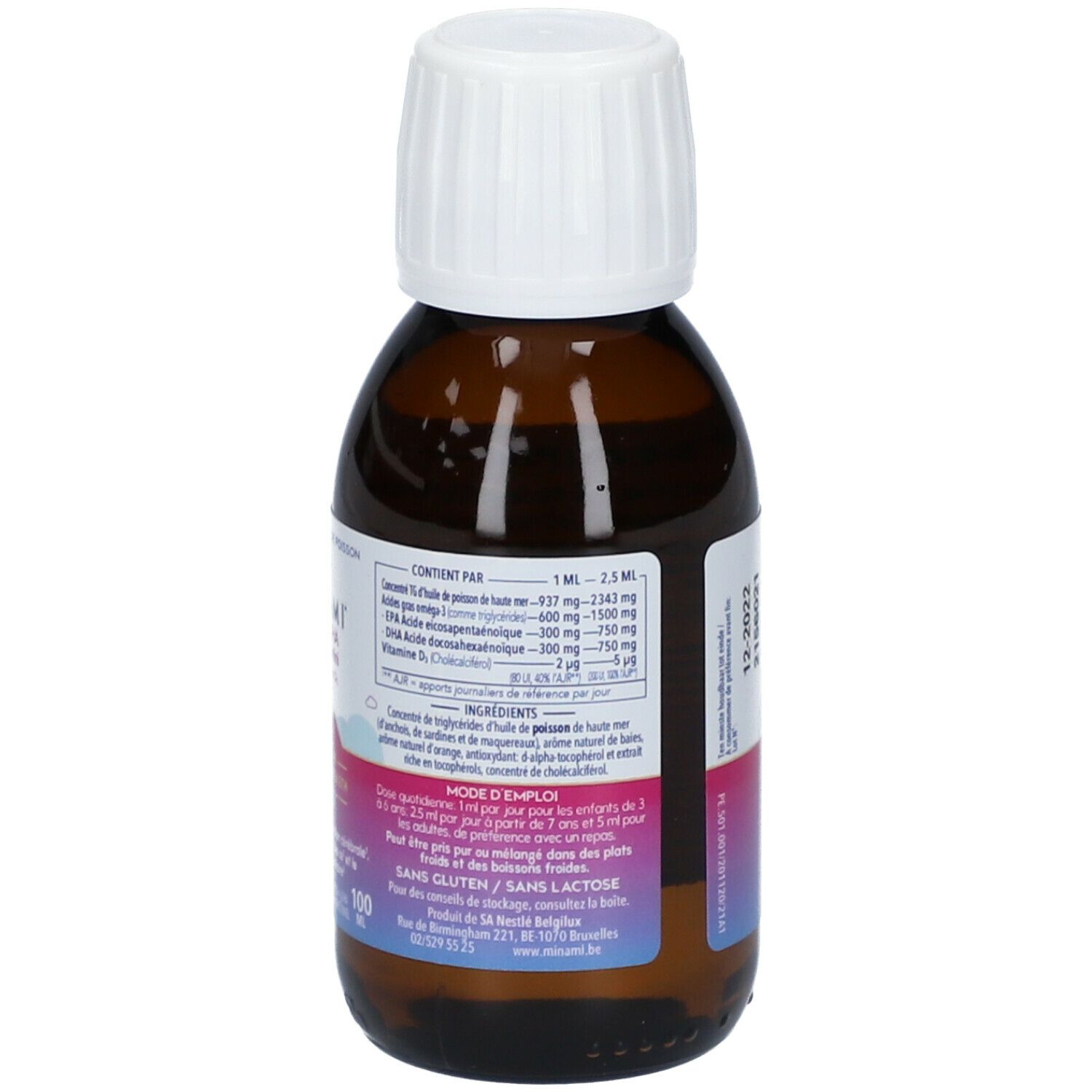 Dos d'une bouteille en verre brun avec bouchon blanc. Étiquette avec ingrédients et instructions de dosage. 100 ml.