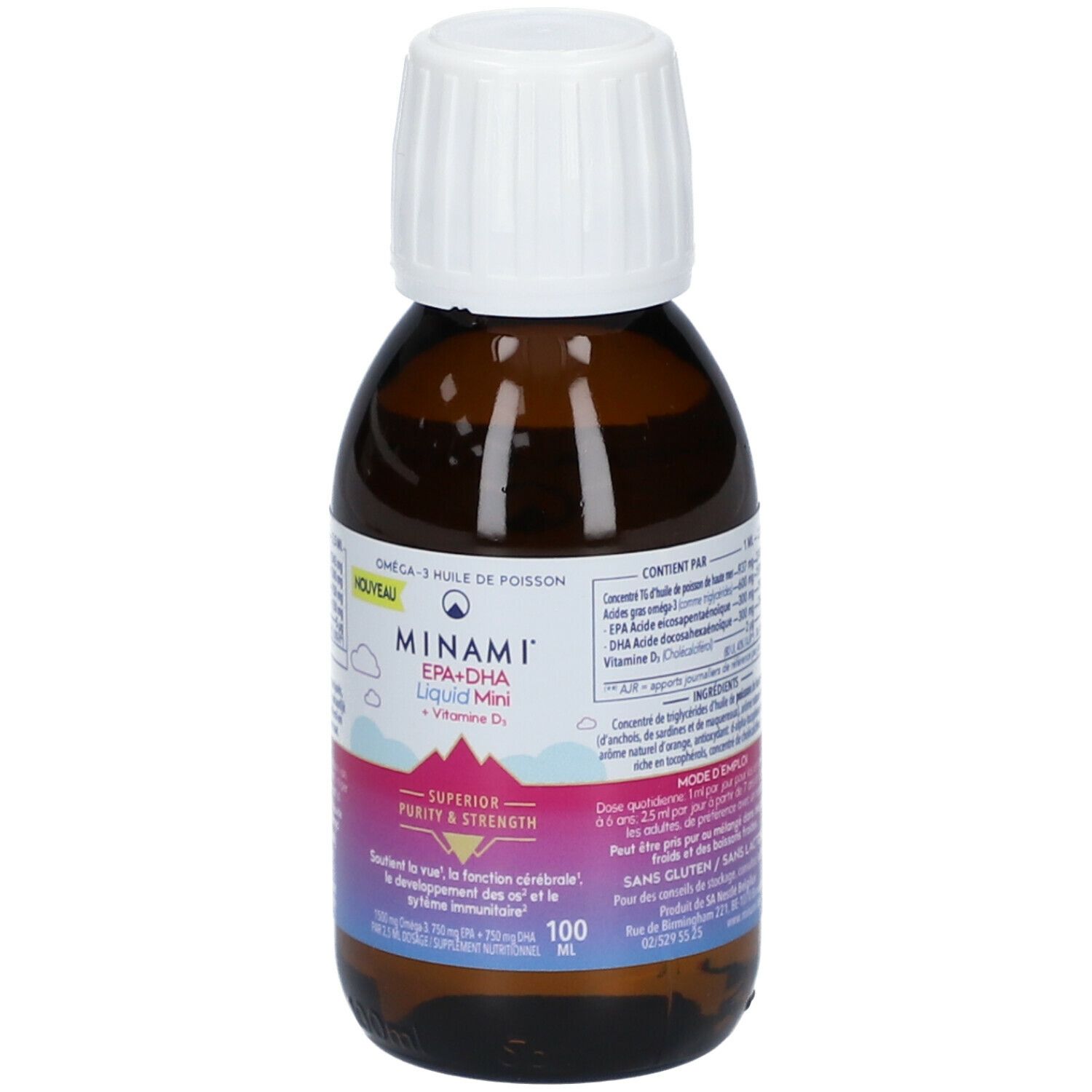 Flacon en verre brun avec bouchon blanc. Étiquette avec nom du produit MINAMI® EPA+DHA Liquid Mini, Vitamine D. 100 ml.