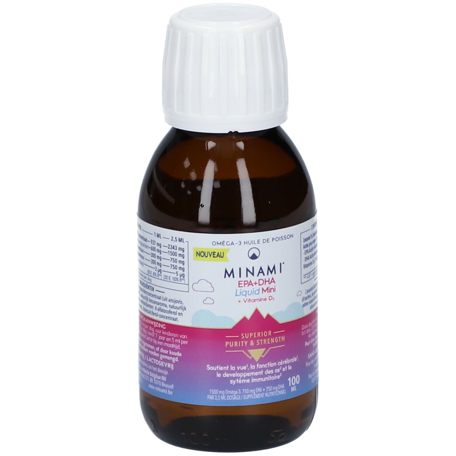 Flacon en verre brun avec bouchon blanc. Étiquette avec nom du produit MINAMI® EPA+DHA Liquid Mini, Vitamine D. 100 ml.