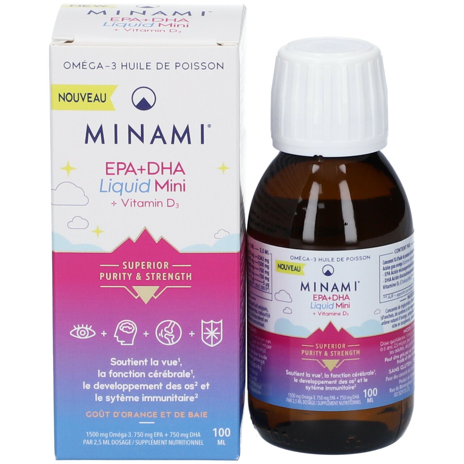 Emballage et flacon du produit. Emballage avec nom du produit MINAMI® EPA+DHA Liquid Mini, Vitamine D. Flacon 100 ml.