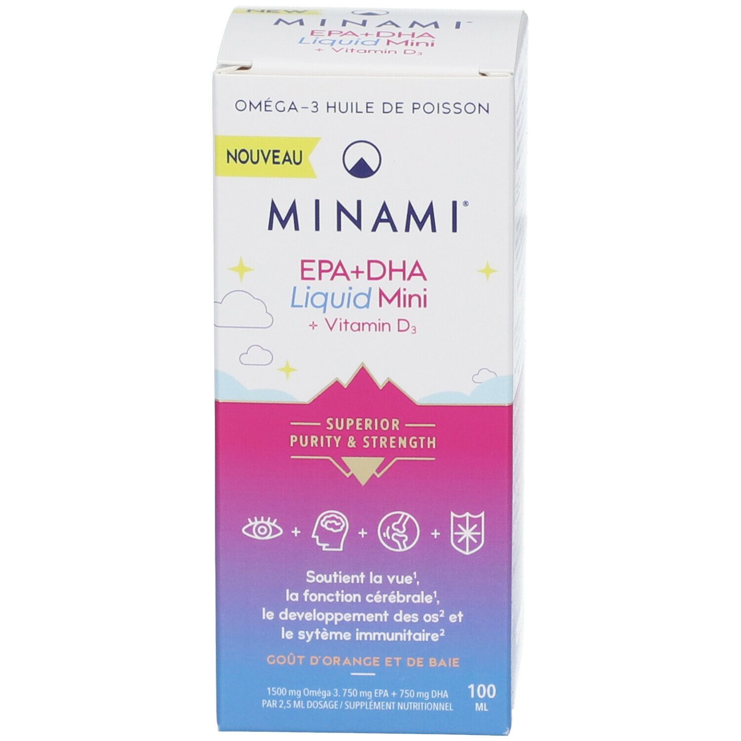 Emballage du produit. Emballage avec nom du produit MINAMI® EPA+DHA Liquid Mini, Vitamine D. 100 ml.