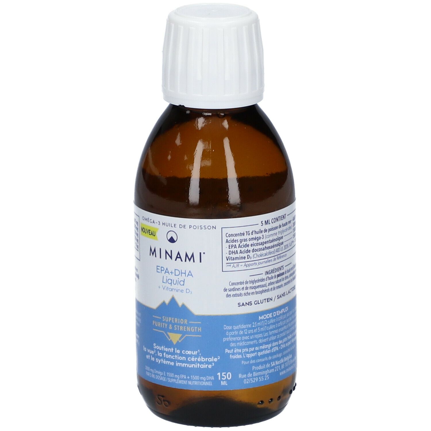 Bruine glazen fles met witte dop. Opschrift: MINAMI EPA+DHA Liquid. Etiket met productinformatie.