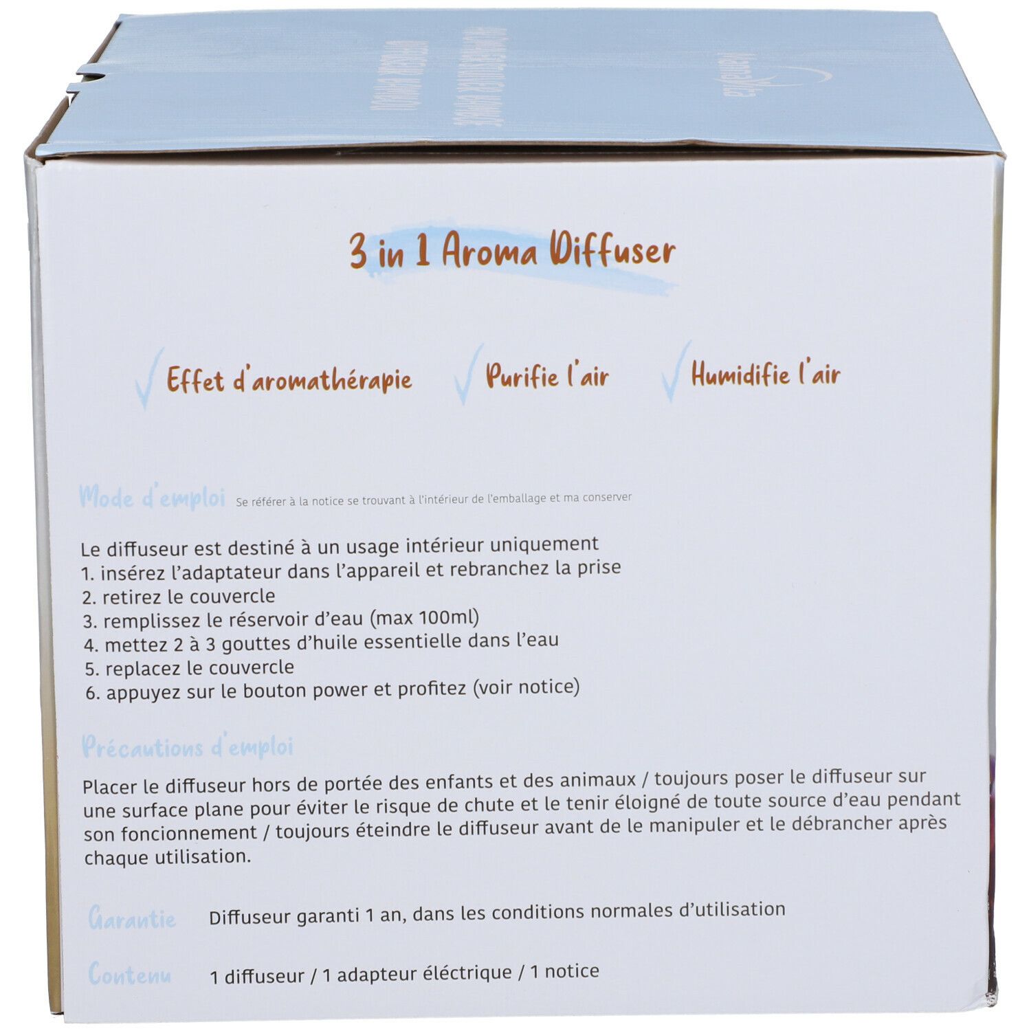 Verpakking met tekst: "3 in 1 Aroma Diffuser". Functies: aromatherapie, luchtreiniging, bevochtiging. Bevat 1 diffuser, adapter.