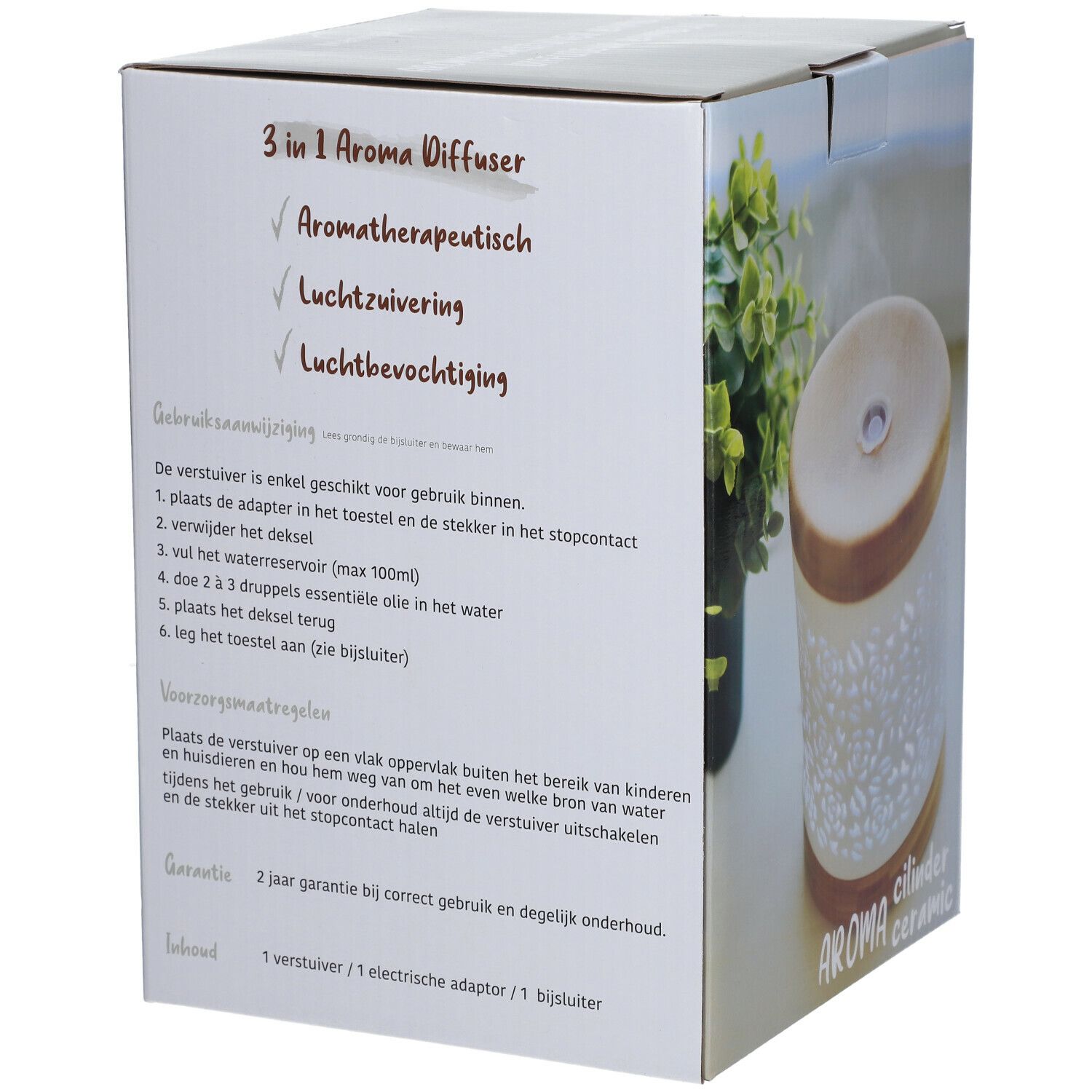 Achterkant van de verpakking. Tekst in het Nederlands. Product: Aroma Diffuser Cylindre.