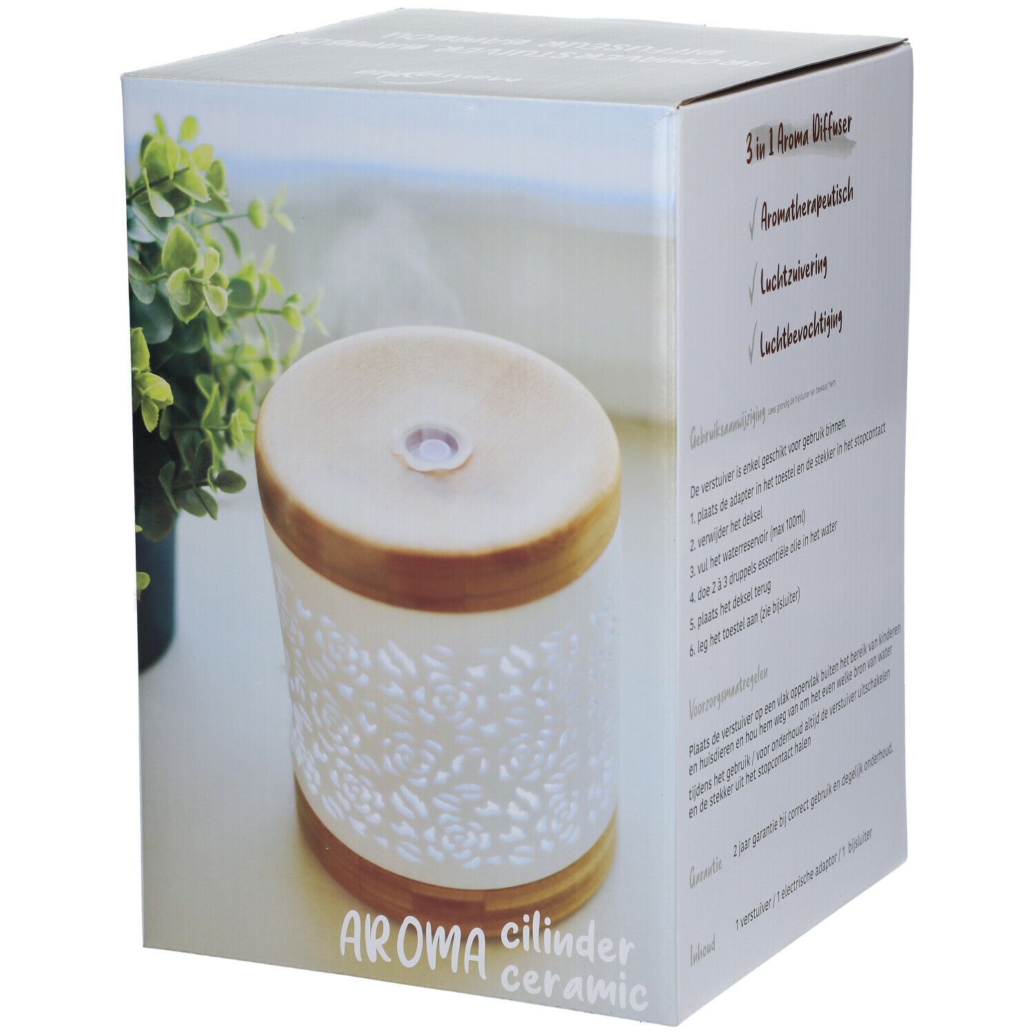 Aroma Diffuser Cylindre, wit met hout, in verpakking. Opschrift: Aroma cilinder ceramic.
