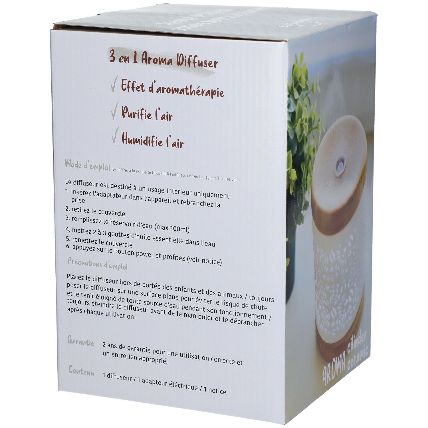 Achterkant van de verpakking. Tekst in het Frans. Product: Aroma Diffuser Cylindre.