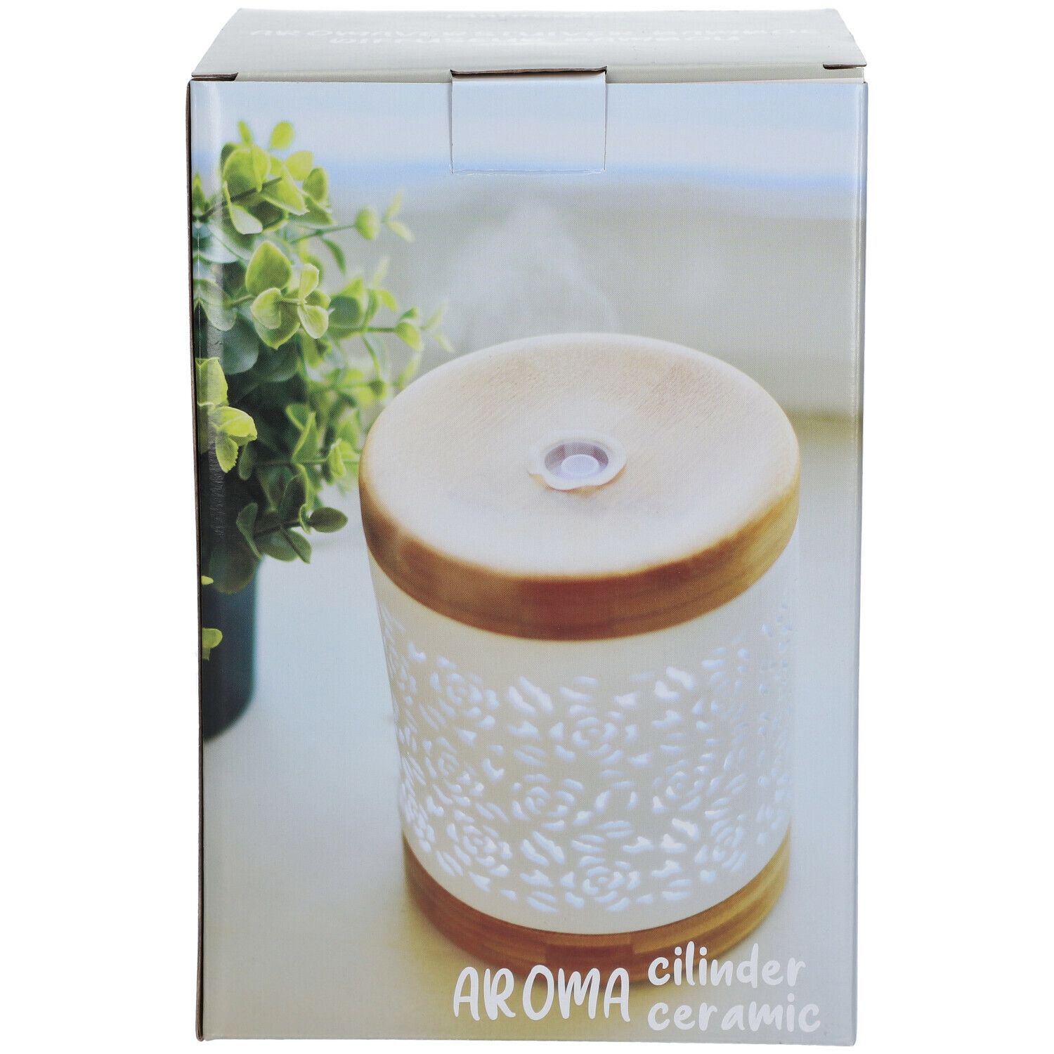 Aroma Diffuser Cylindre, wit met hout, in verpakking. Opschrift: Aroma cilinder ceramic.