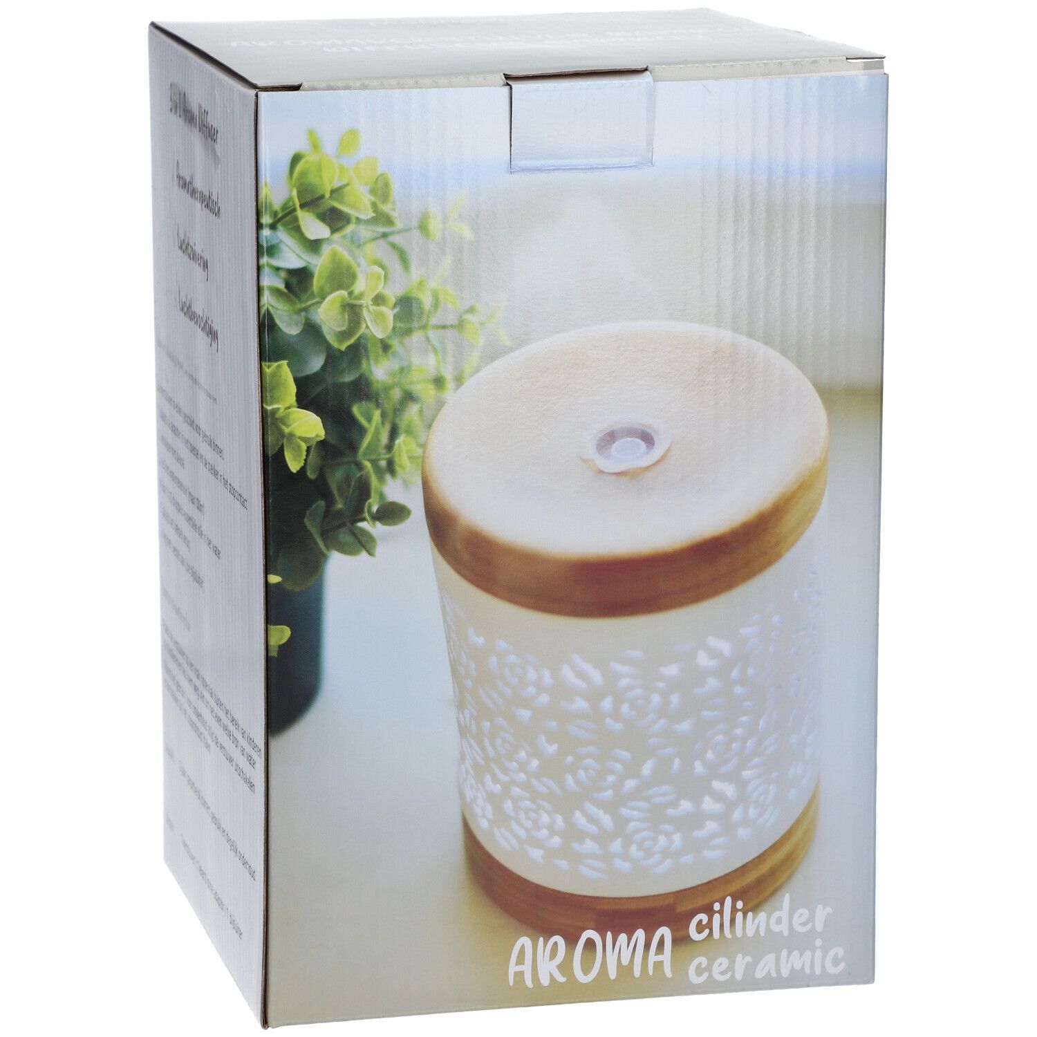 Aroma Diffuser Cylindre, wit met hout, in verpakking. Opschrift: Aroma cilinder ceramic.