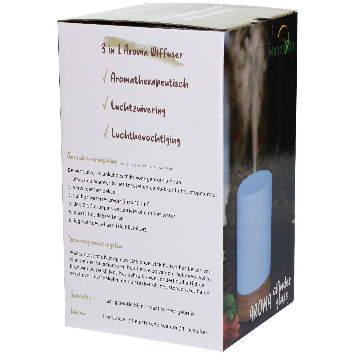 Achterkant van de verpakking. Tekst over aromatherapie, luchtreiniging en luchtbevochtiging. Afbeelding van de diffuser. Opschrift: Aroma cylinder glass.