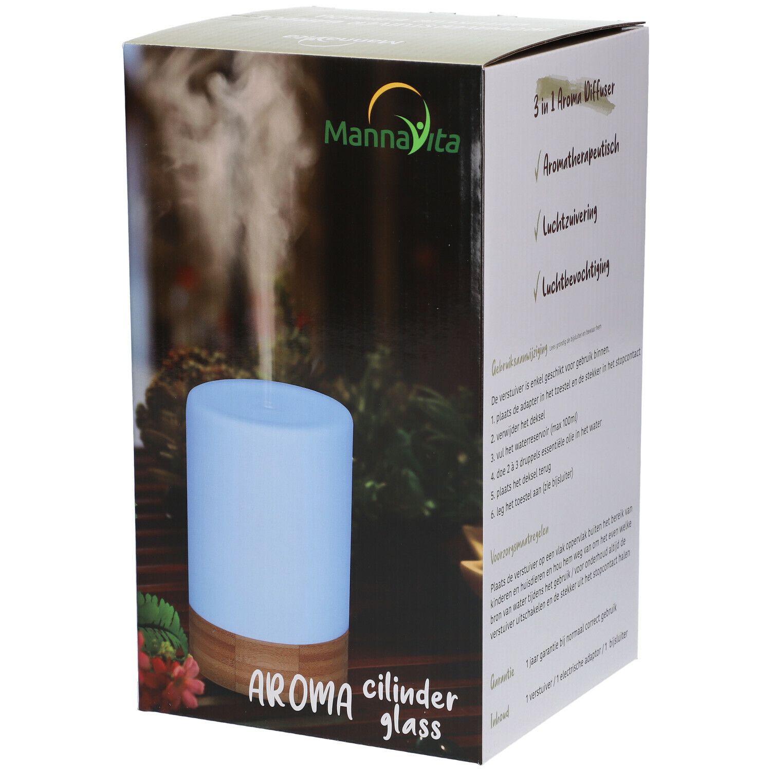 Cilindrische aroma diffuser in een doos. Blauw glazen gedeelte, houten basis. Opschrift: Aroma cylinder glass.
