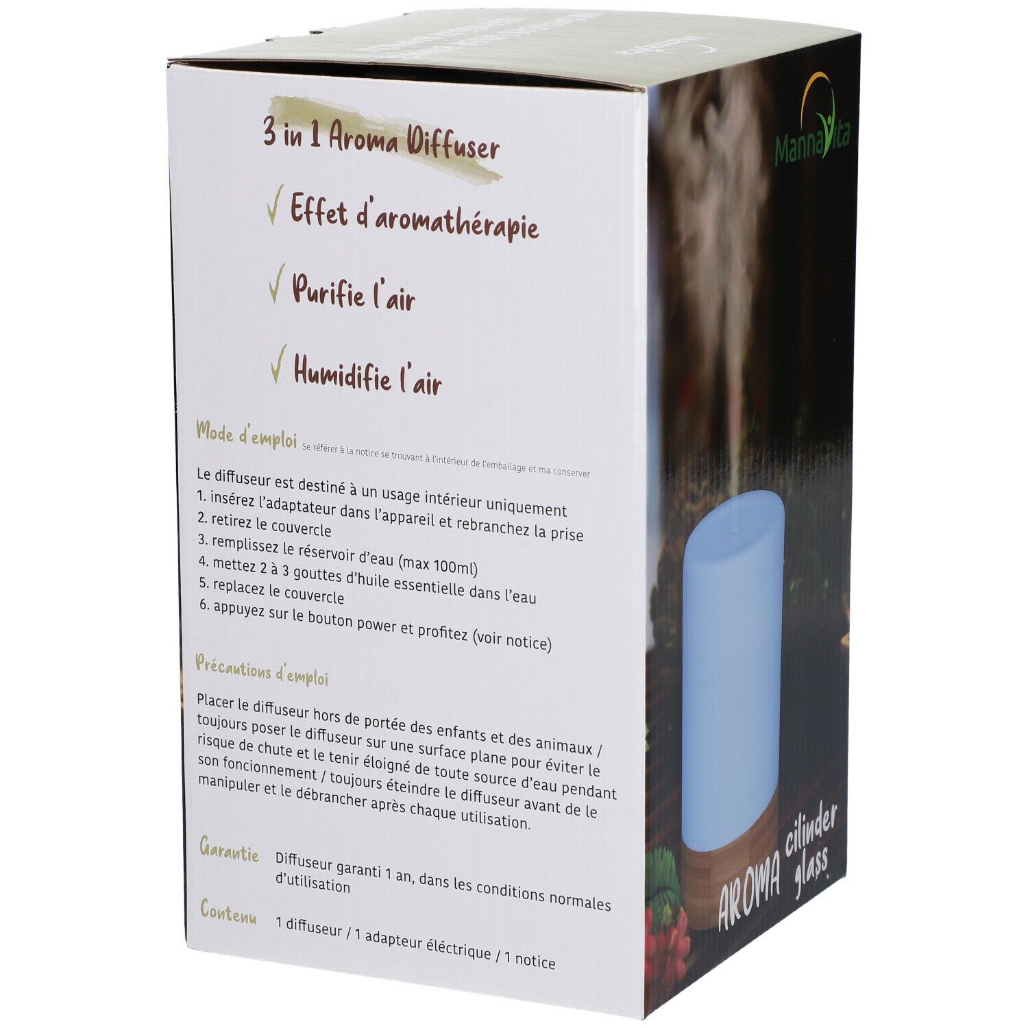 Achterkant van de verpakking. Tekst over aromatherapie, luchtreiniging en luchtbevochtiging. Afbeelding van de diffuser. Opschrift: Aroma cylinder glass.