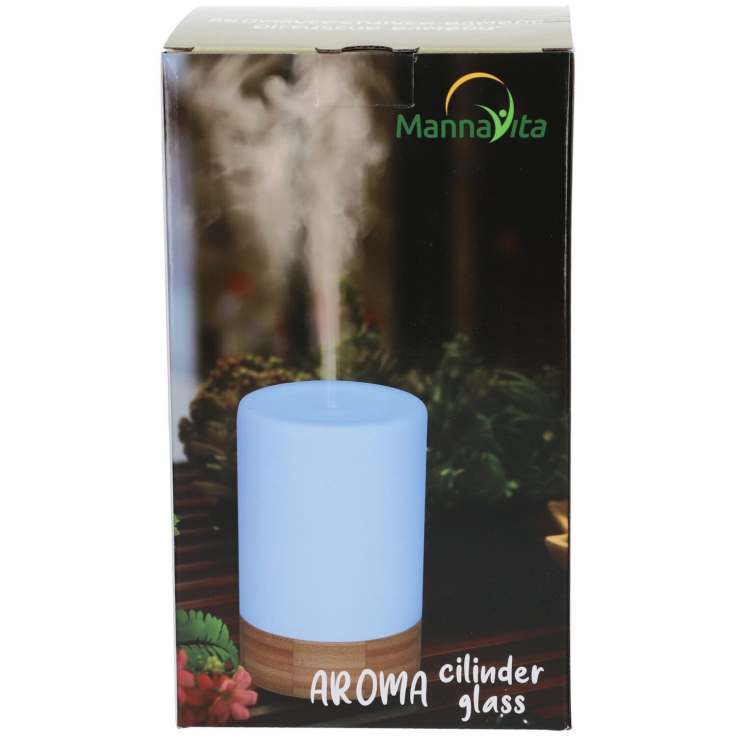 Cilindrische aroma diffuser in een doos. Blauw glazen gedeelte, houten basis. Opschrift: Aroma cylinder glass.