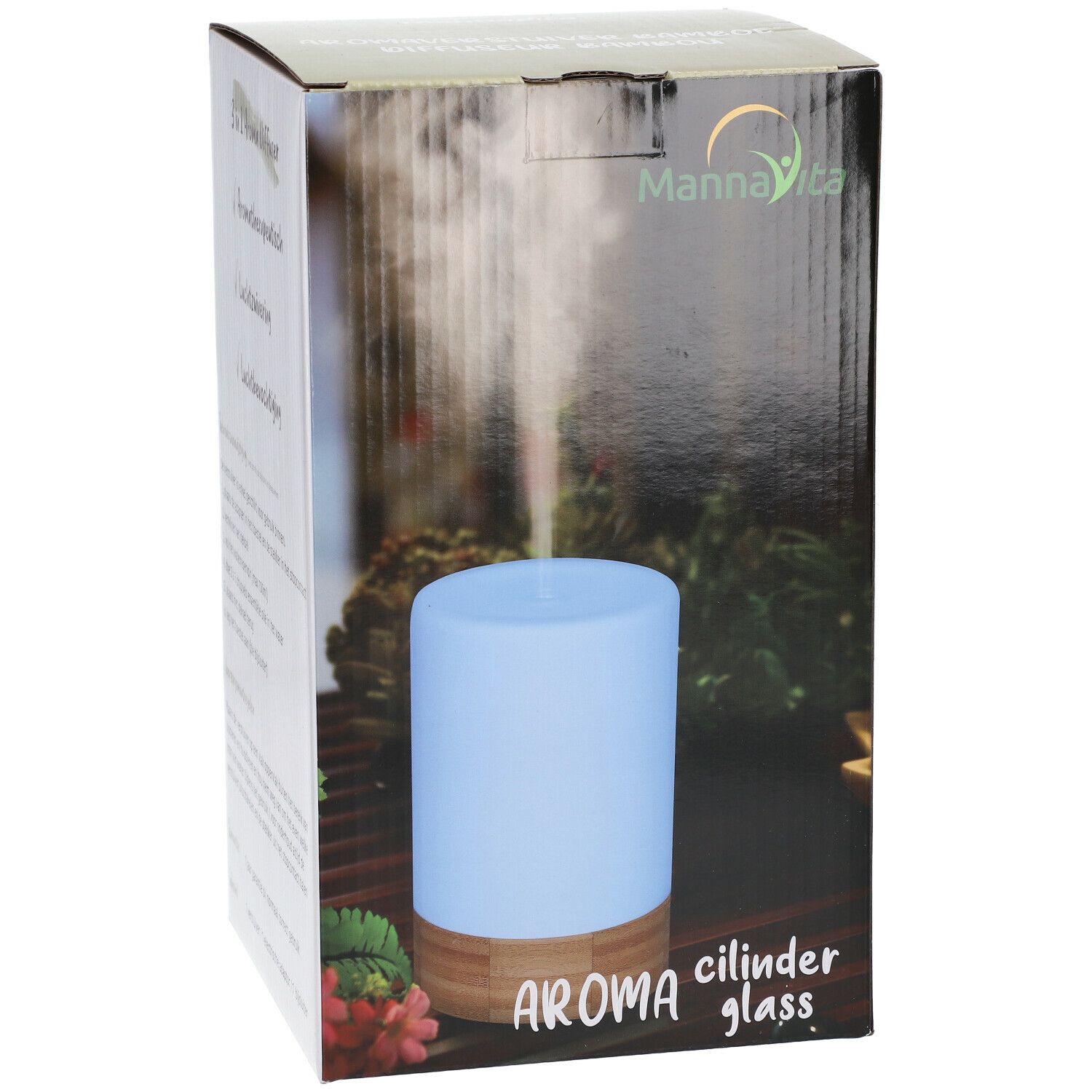 Cilindrische aroma diffuser in een doos. Blauw glazen gedeelte, houten basis. Opschrift: Aroma cylinder glass.