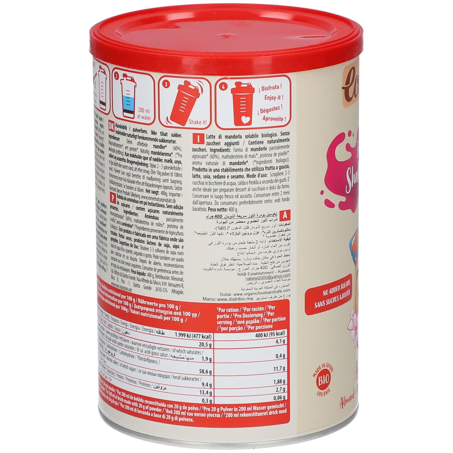 Achterkant van de Eco mil Instant Shake Drink Amande-blik. Bevat voedingsinformatie en bereidingsinstructies in meerdere talen.