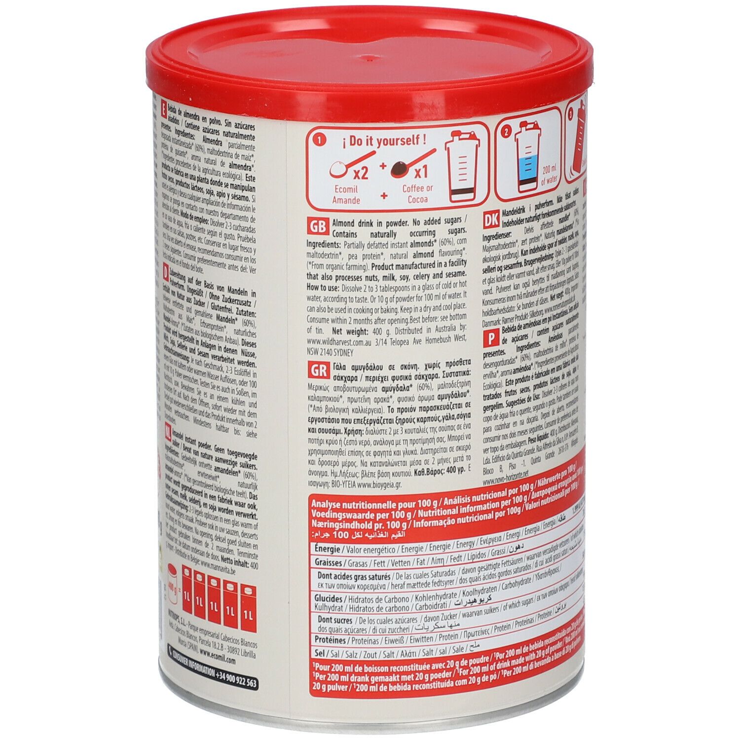 Achterkant van de Eco mil Instant Shake Drink Amande-blik. Bevat bereidingsinstructies en voedingsinformatie. Tekst in meerdere talen.