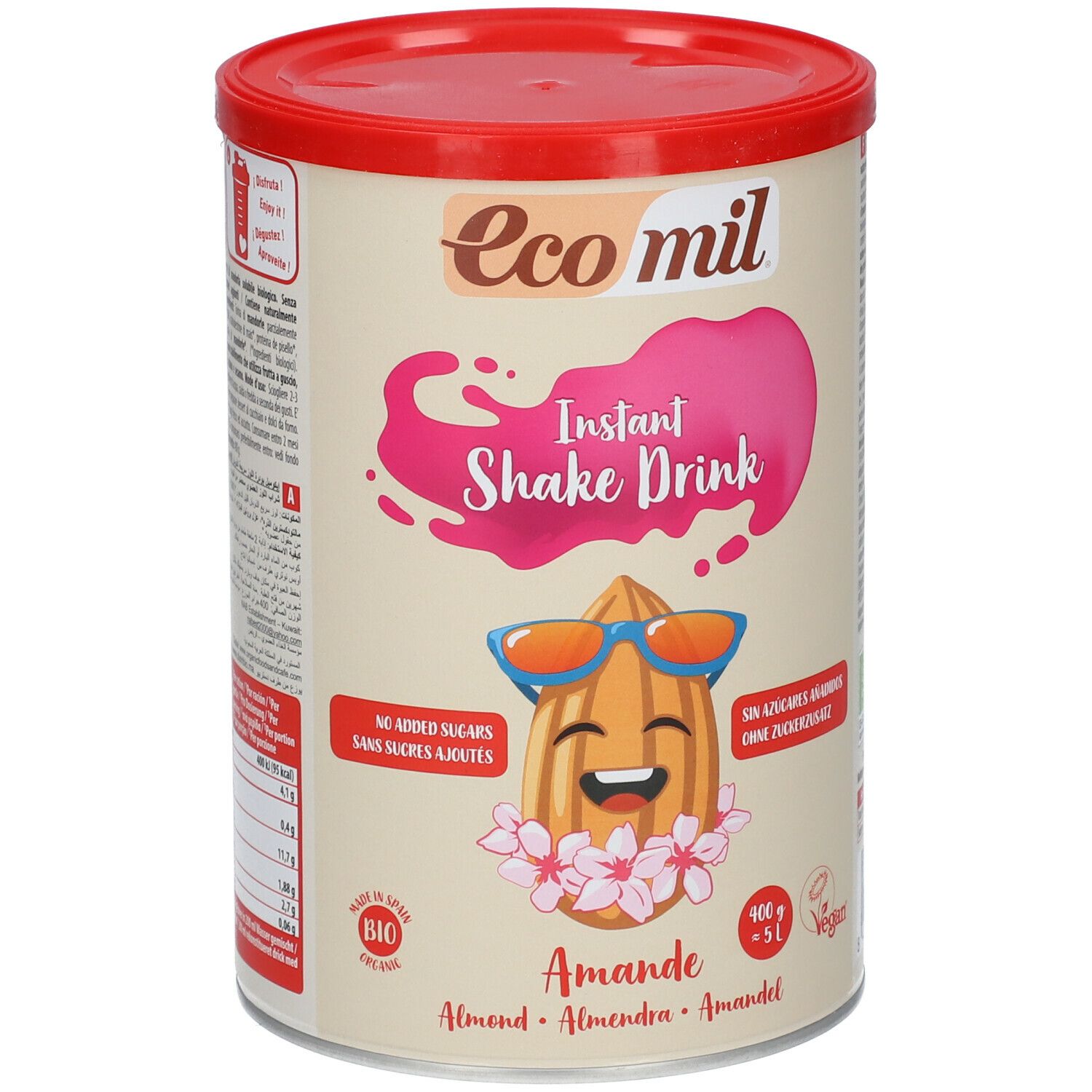 Blik Eco mil Instant Shake Drink Amande. Rode deksel, beige blik met opdruk. Amandel-illustratie met zonnebril en bloemen.