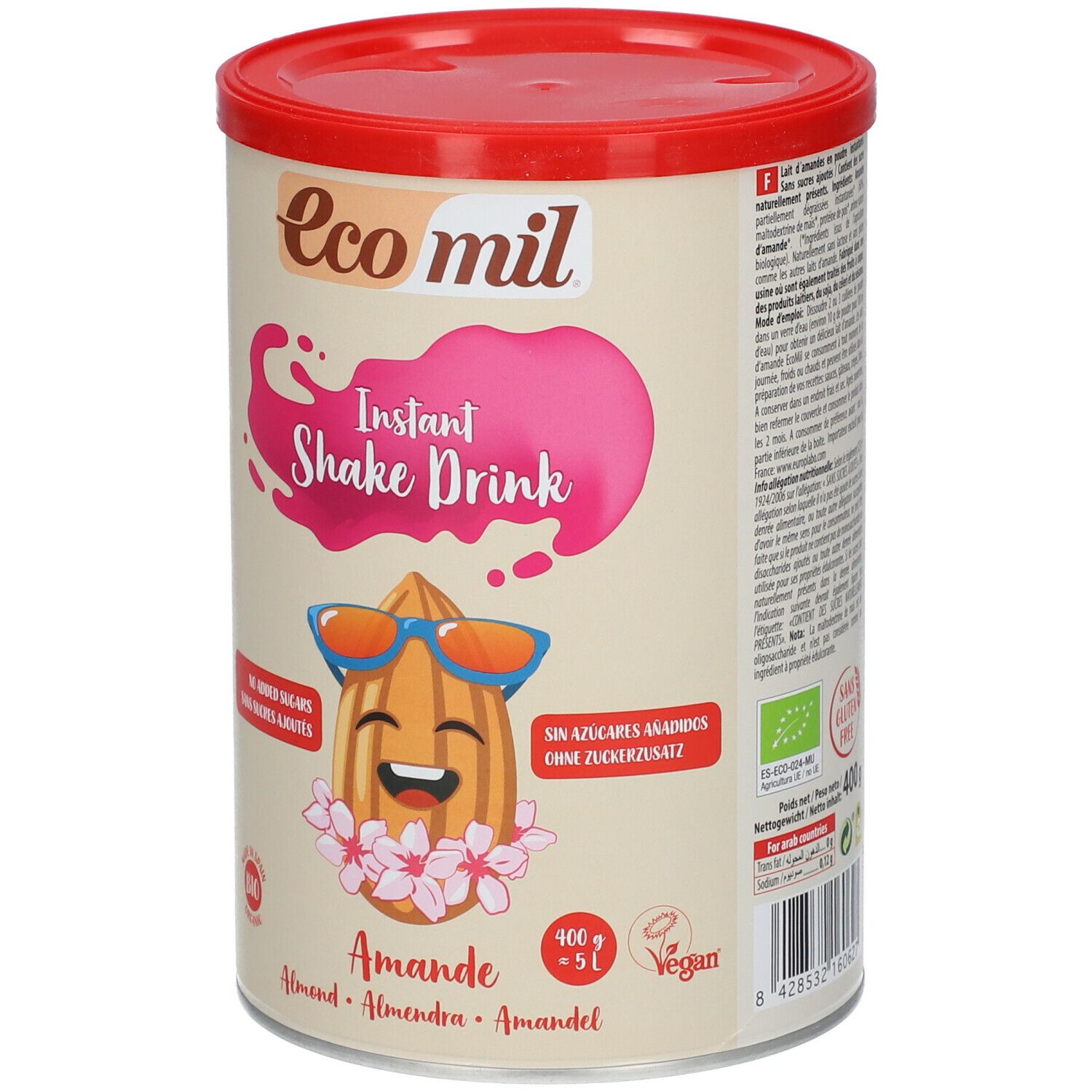 Blik Eco mil Instant Shake Drink Amande. Rode deksel, beige blik met opdruk. Amandel-illustratie met zonnebril en bloemen.