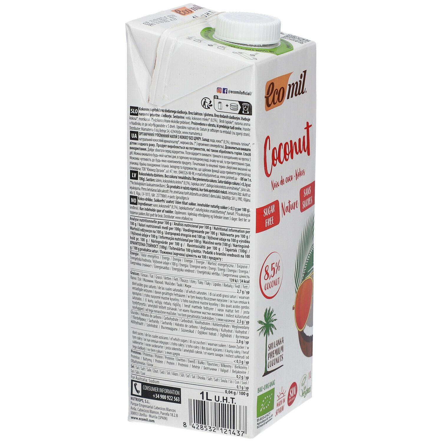 Tetrapack kokosmelk. Achterkant met tekst in verschillende talen. Opschrift: 1L U.H.T.
