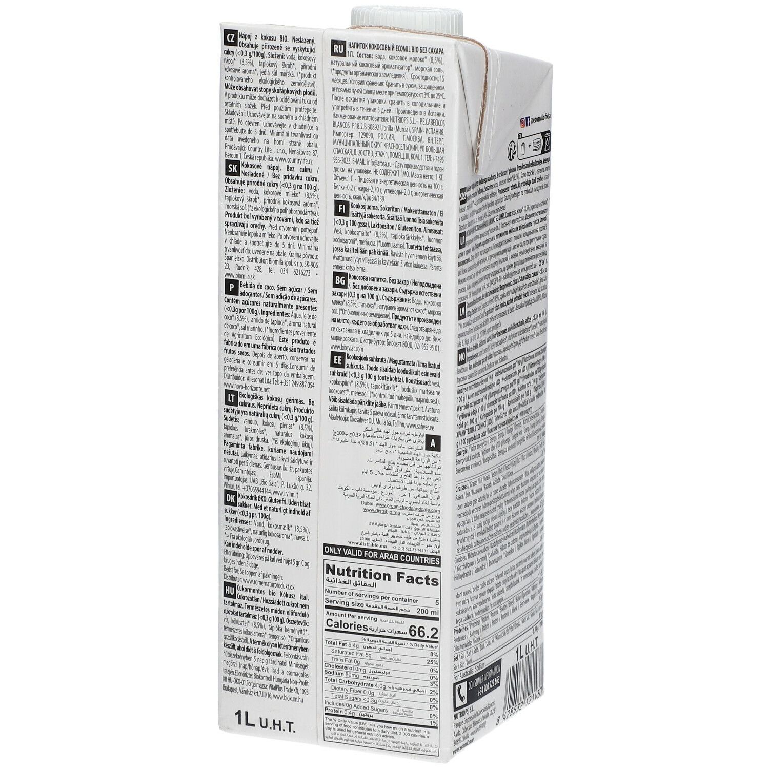 Tetrapack kokosmelk. Achterkant met tekst in verschillende talen. Opschrift: 1L U.H.T., voedingswaarde.