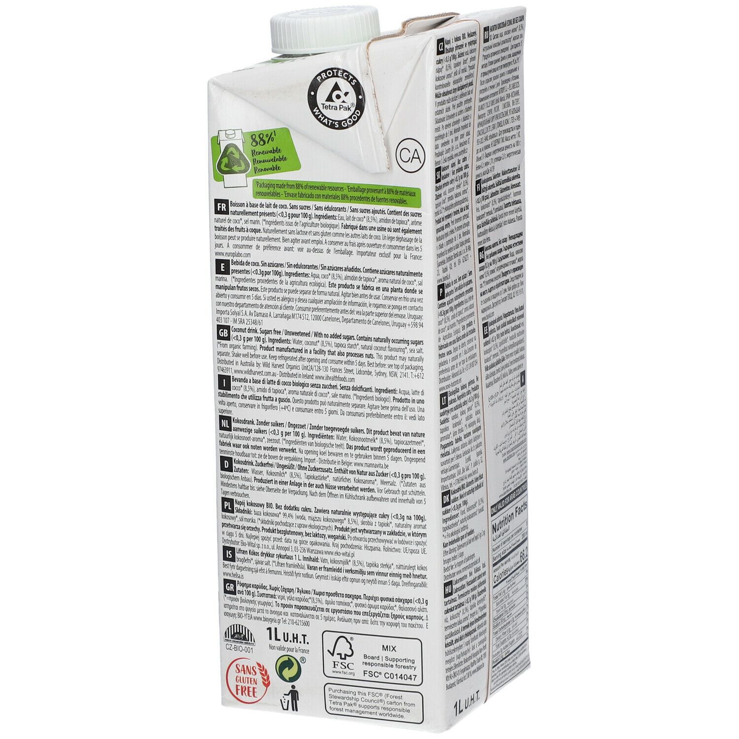 Tetrapack kokosmelk. Zijkant met tekst in verschillende talen. Opschrift: 1L U.H.T., bio-certificering.