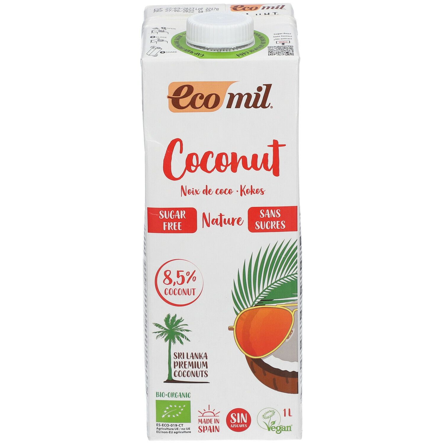 Tetrapack kokosmelk. Opschrift: Ecomil, Coconut, suikervrij, 8,5% kokos, bio-certificering, 1L.