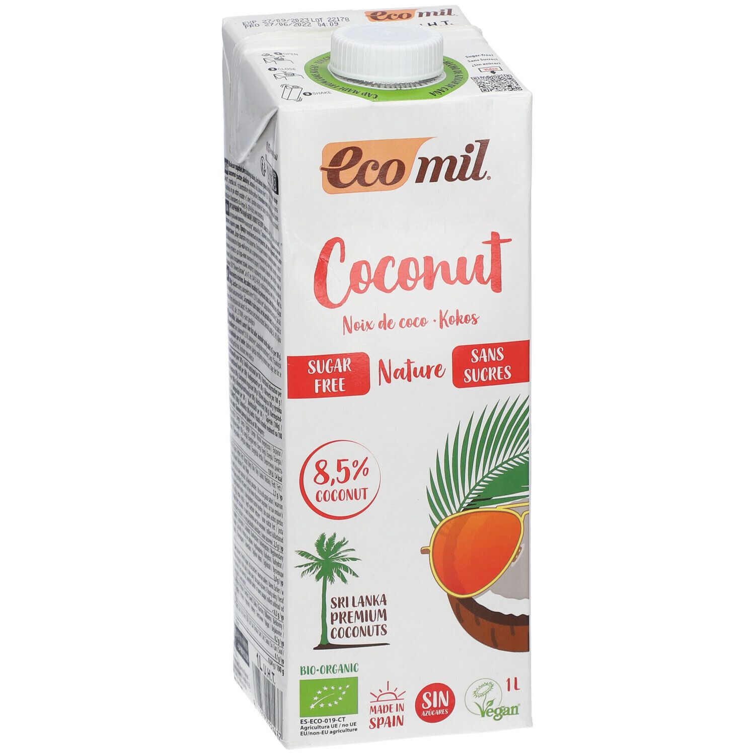 Tetrapack kokosmelk. Opschrift: Ecomil, Coconut, suikervrij, 8,5% kokos, bio-certificering, 1L.