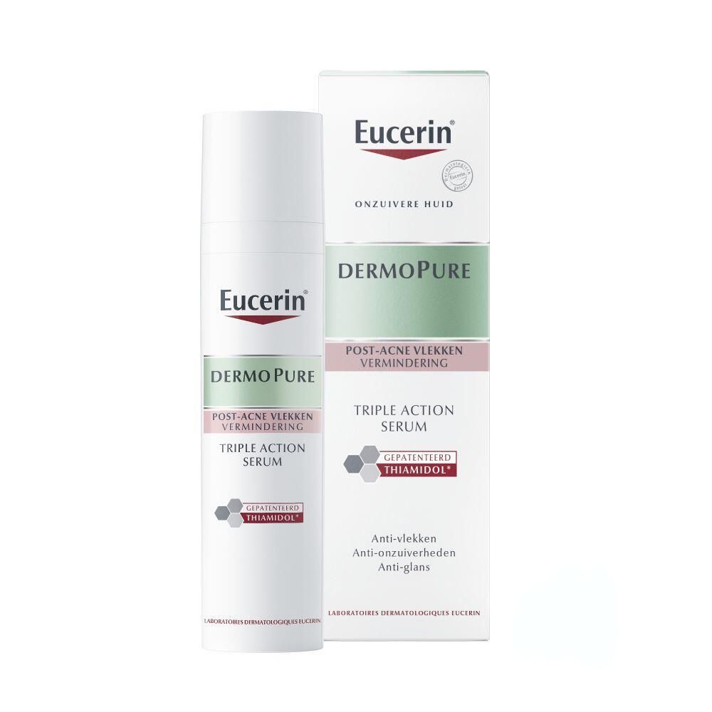 Eucerin-product en verpakking. Bevat Thiamidol. Vermindert post-acne vlekken, onzuiverheden en glans.