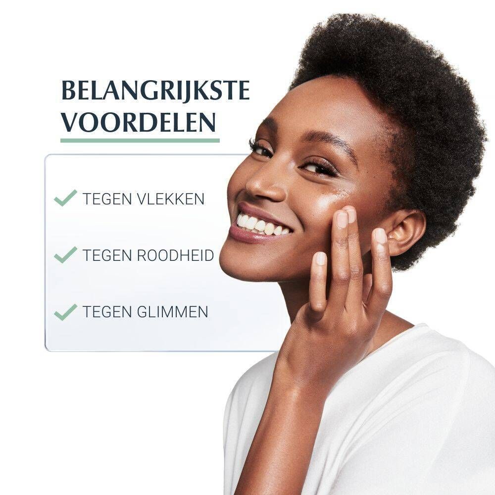 Vrouw met huid. Tekst: Tegen vlekken, roodheid en glimmen. Producttoepassing. Eucerin DermoPURE.