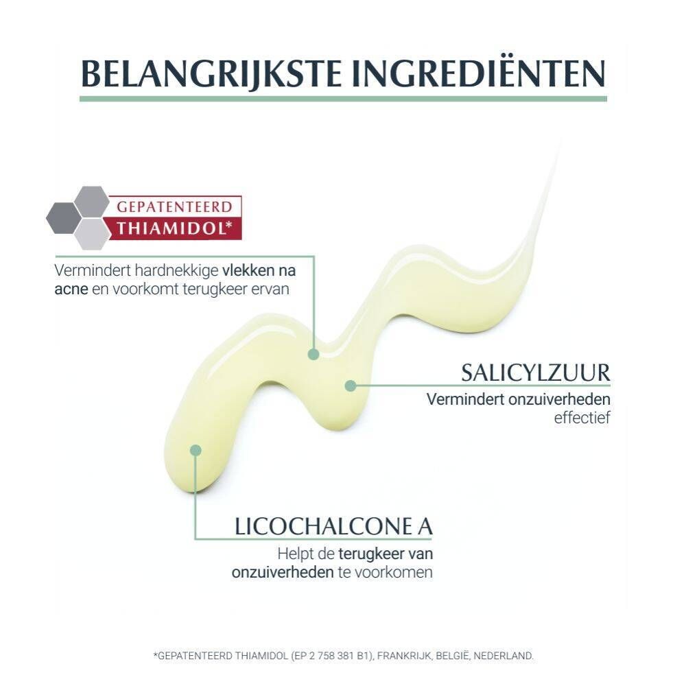 Ingrediënten: Thiamidol, salicylzuur, licochalcone A. Vermindert post-acne vlekken, onzuiverheden en kalmeert de huid.