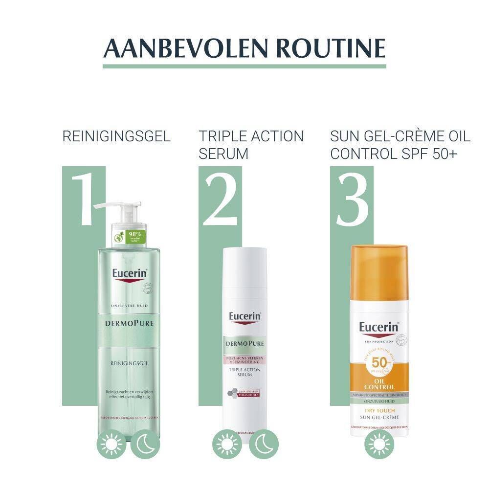 Aanbevolen routine: Reinigingsgel, Triple Action Serum, Sun Gel-Crème Oil Control SPF 50+. Eucerin DermoPURE.