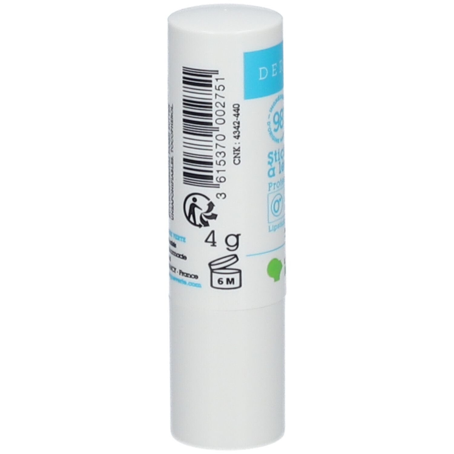 Stick à lèvres. Code-barres, 4g, 6M. DERMASENS, Stick à lèvres. Logo emballage respectueux de l'environnement. Fabriqué en France.