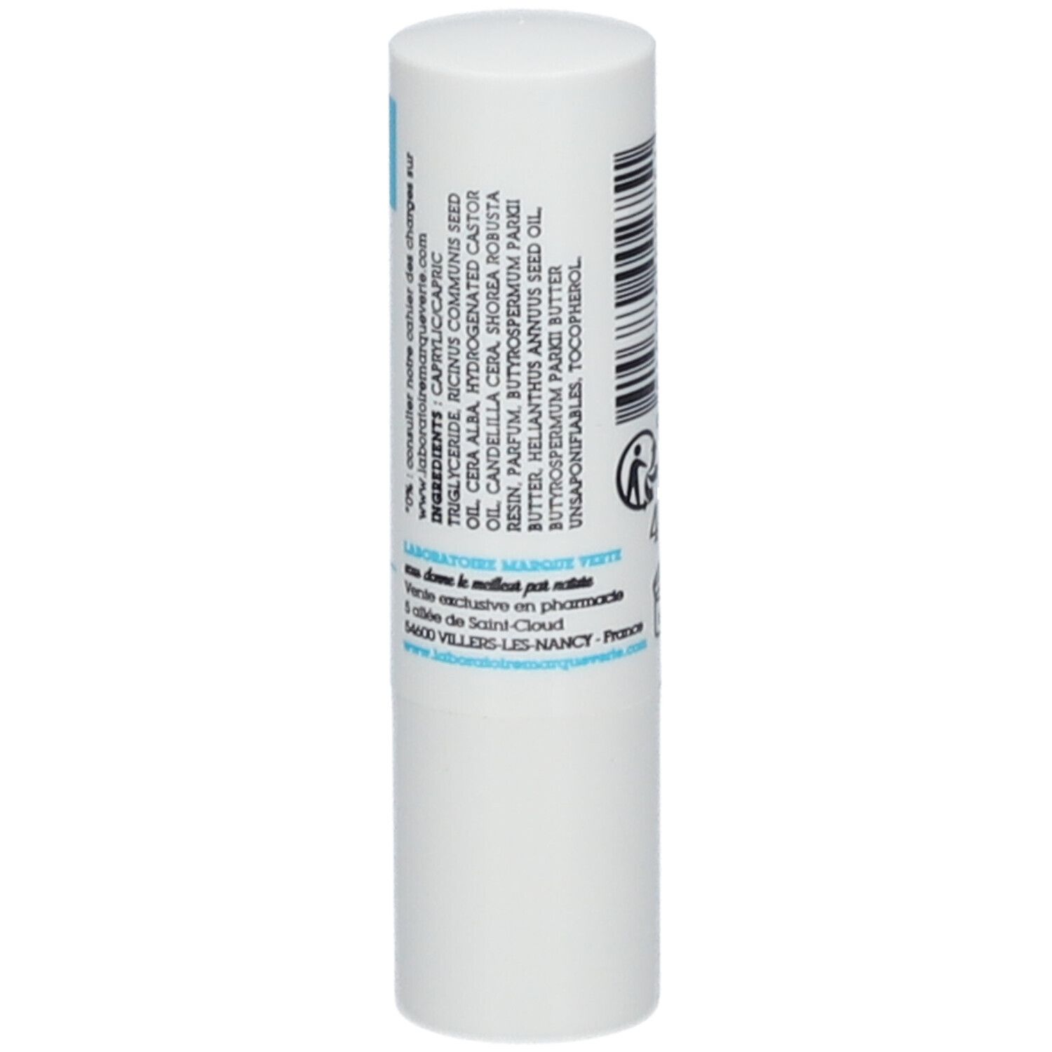 Stick à lèvres. Ingrédients: Triglycérides, Candelilla, Beurre de karité, Huile de tournesol, Tocophérol. Laboratoire Marque Verte.