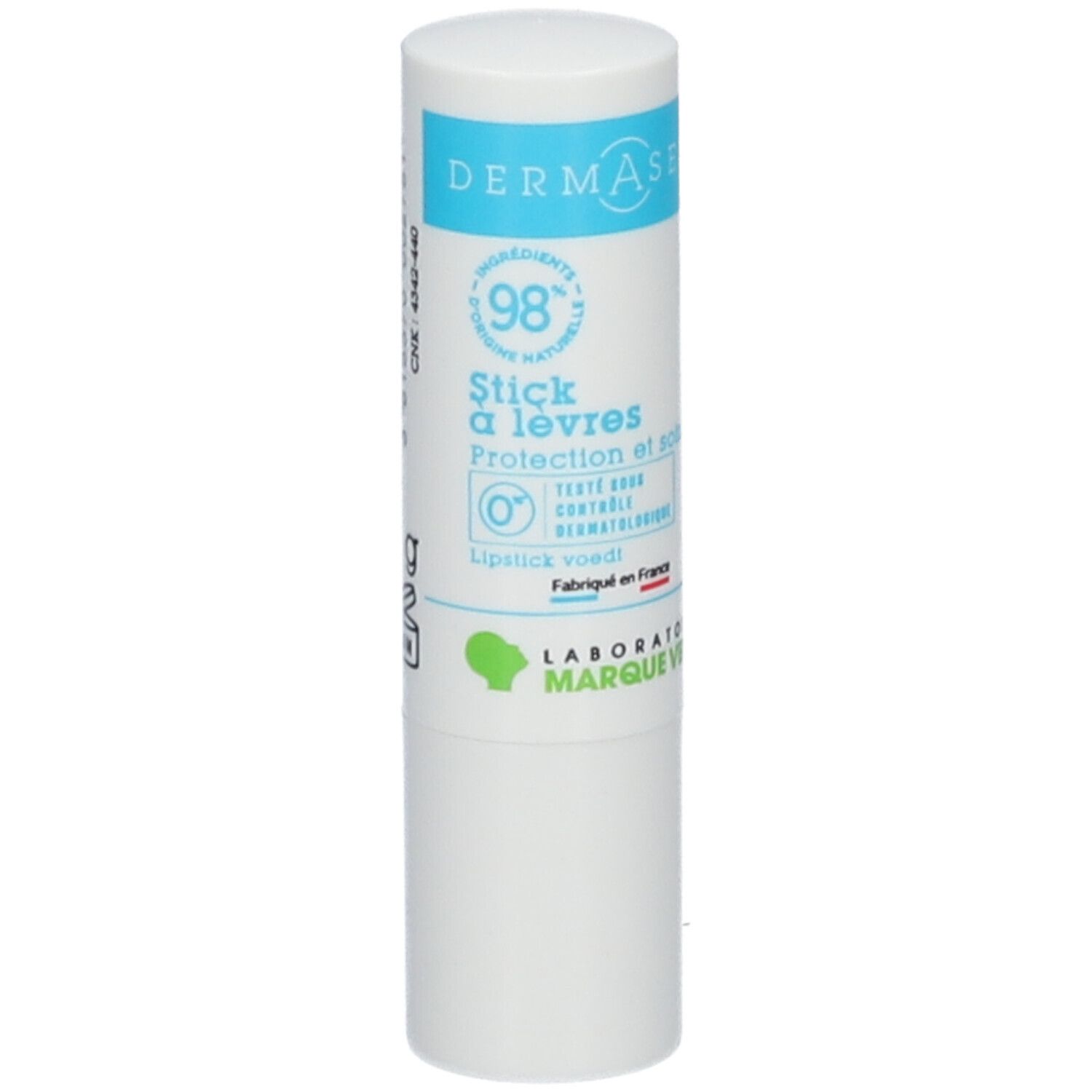 Stick à lèvres DERMASENS. Bâton blanc et bleu. Ingrédients naturels à 98%. Protection et soin. Fabriqué en France. Logo feuille verte.