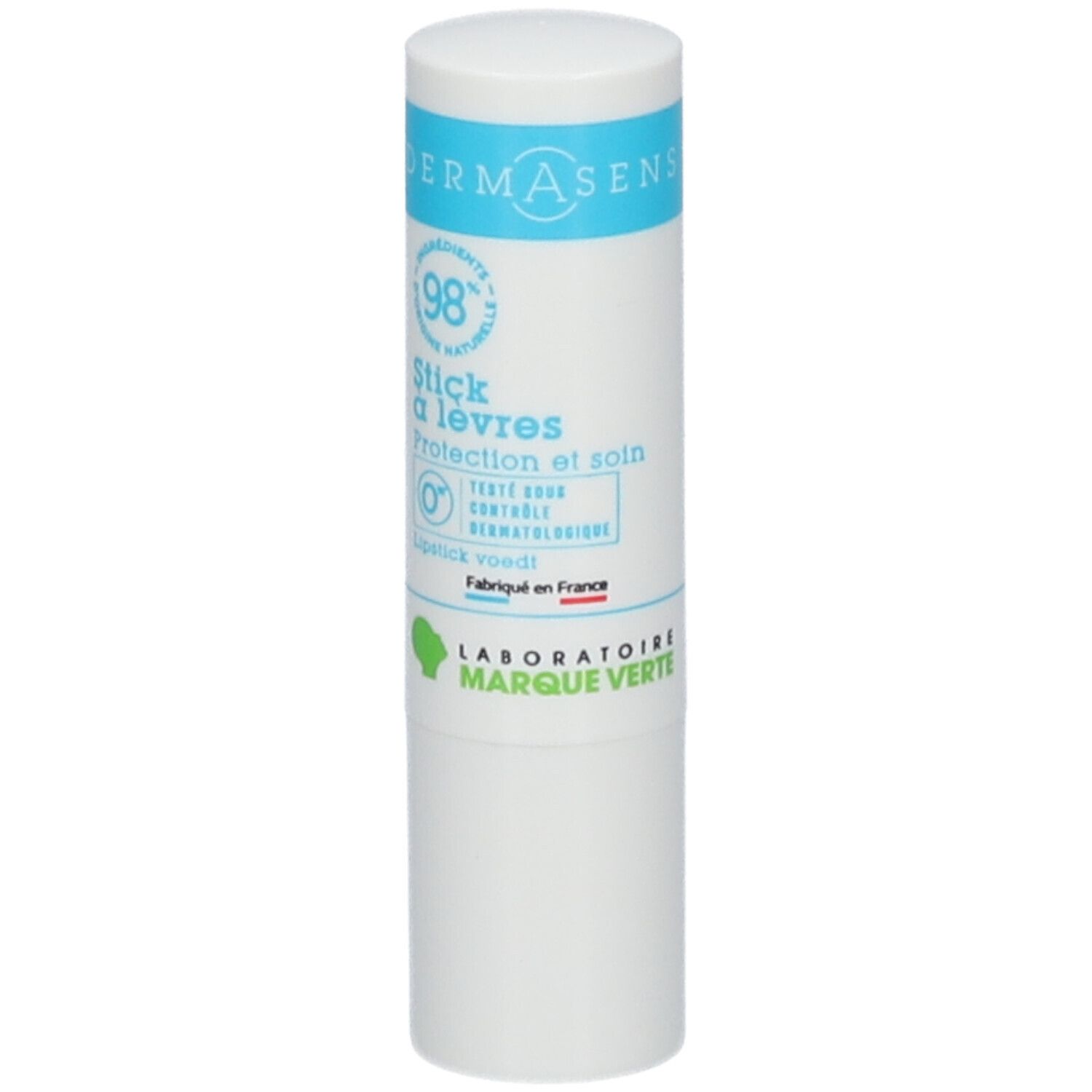 Stick à lèvres DERMASENS. Bâton blanc et bleu. Ingrédients naturels à 98%. Protection et soin. Fabriqué en France. Logo feuille verte.