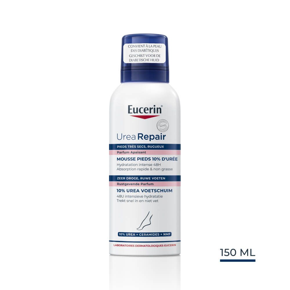Witte fles met blauwe dop. Tekst: Eucerin UreaRepair Mousse Pieds 10% d'Urée. 150 ml.