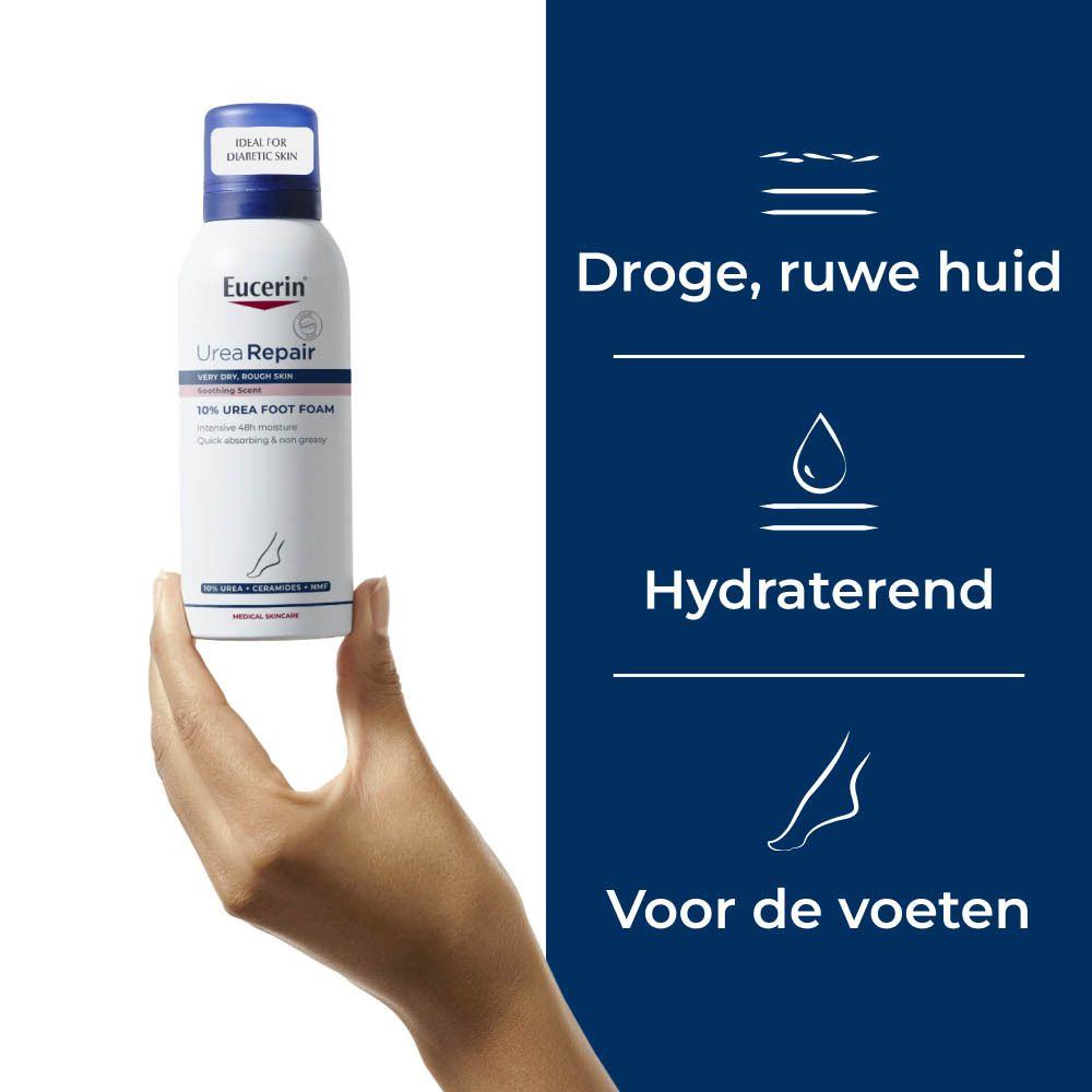 Hand houdt fles. Tekst: Eucerin UreaRepair 10% Urea Foot Foam. Voor droge, ruwe voeten.