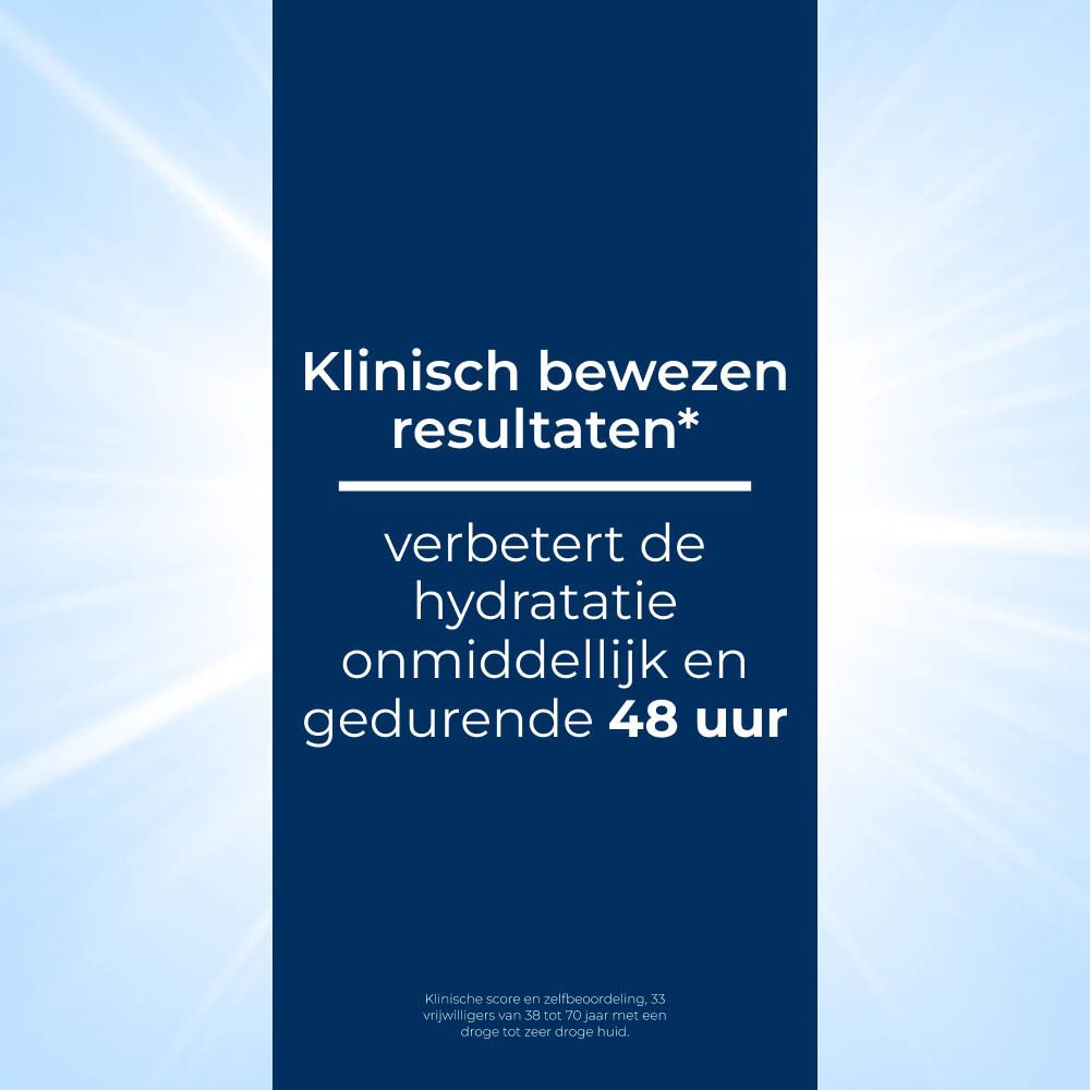 Tekst: Klinisch bewezen resultaten. Verbetert de hydratatie onmiddellijk en gedurende 48 uur.