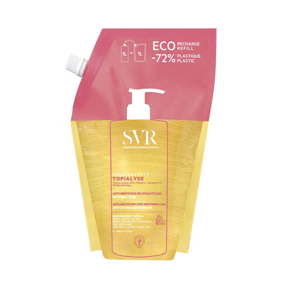 Recharge d'huile nettoyante micellaire. Emballage rose-transparent avec pompe blanche. Inscription : SVR Topialyse.