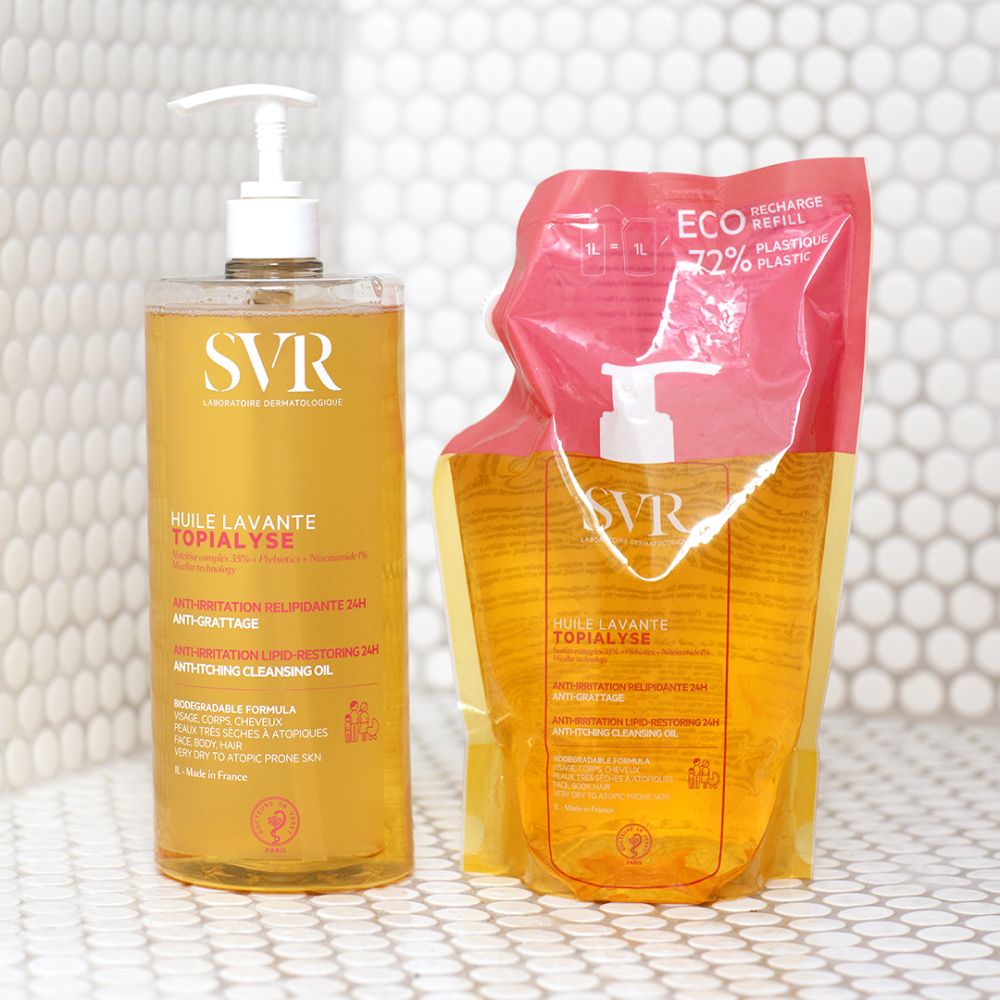 Deux produits : flacon et recharge. Flacon avec pompe, inscription : SVR Topialyse. Recharge avec inscription : SVR Topialyse.
