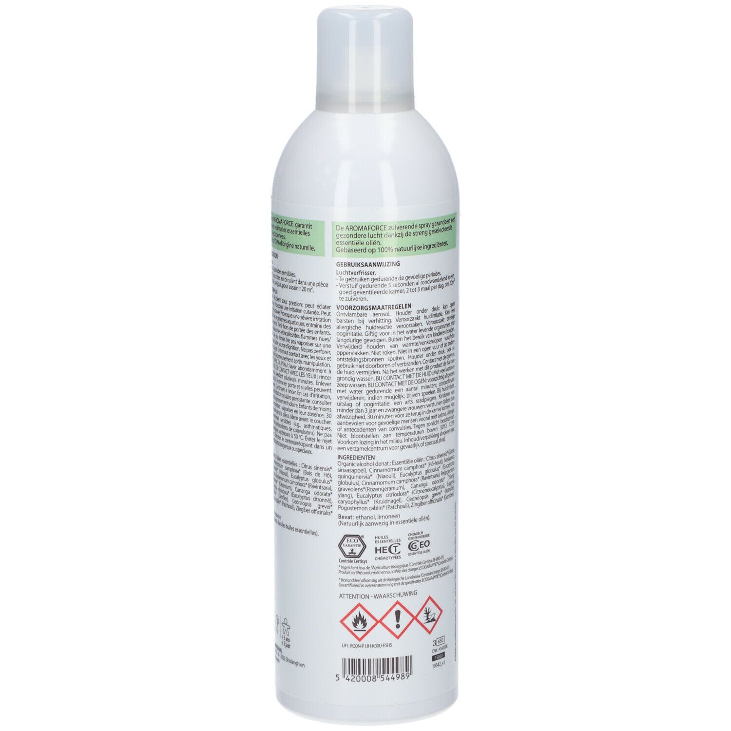Witte spuitfles, achteraanzicht. Etiket met tekst en pictogrammen. Tekst: Spray Assainissant, Bio, Aromaforce.