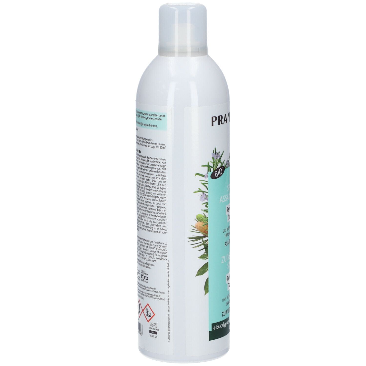 Spray blanc, vue latérale. Texte: Pranarôm, Spray Assainissant Ravintsara Tea tree, label Bio.