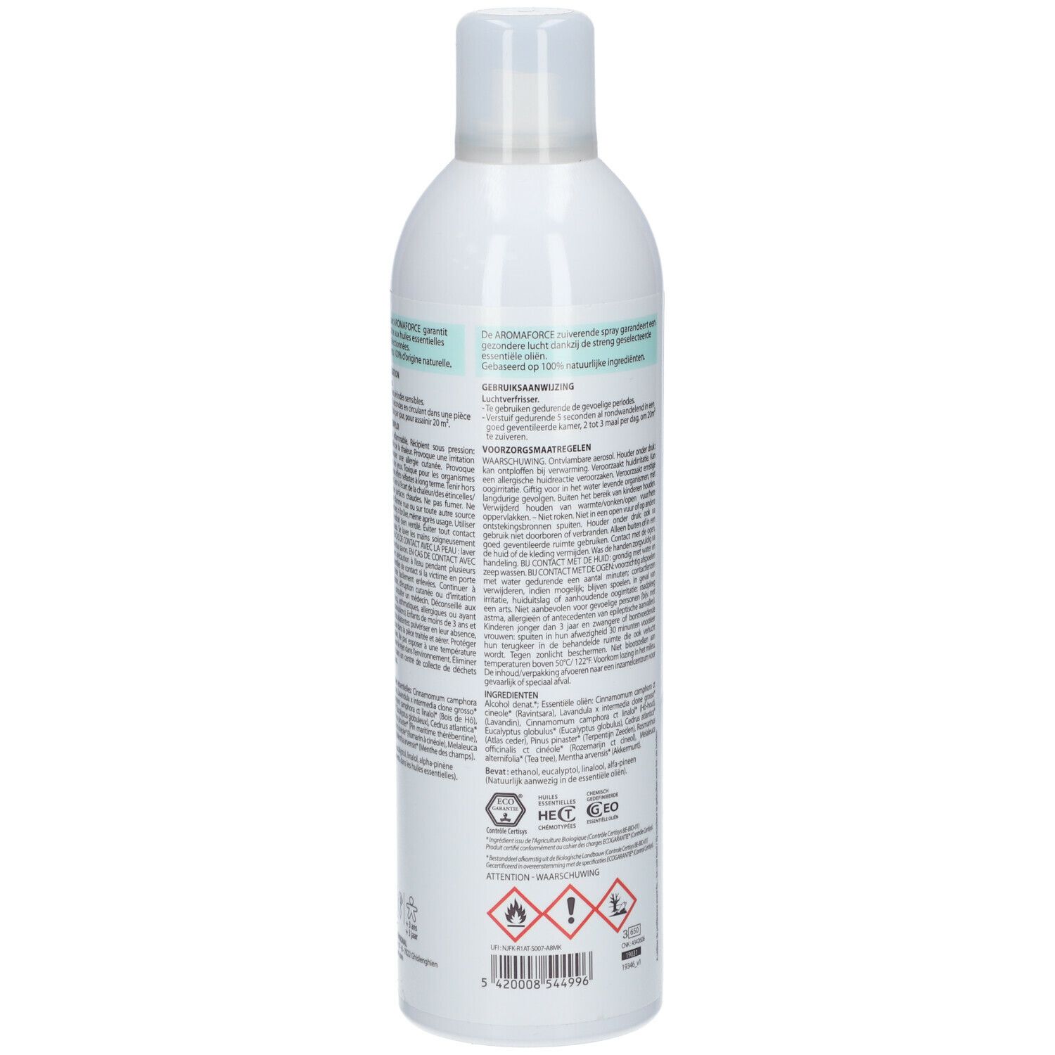 Spray blanc, dos avec texte. Avertissements, ingrédients, certifications et code-barres. Pranarôm.