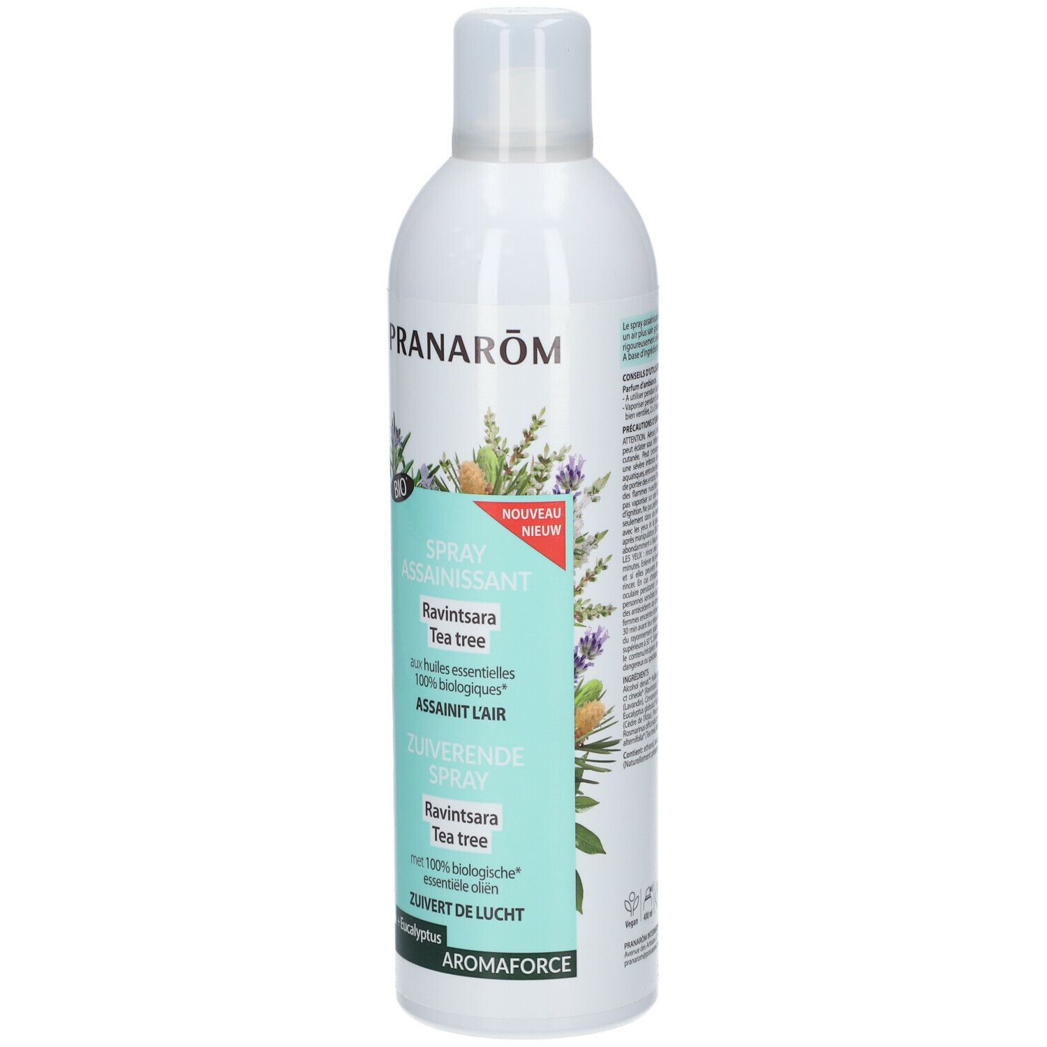 Spray blanc Pranarôm, Spray Assainissant Ravintsara Tea tree, label Bio, texte et illustrations florales.
