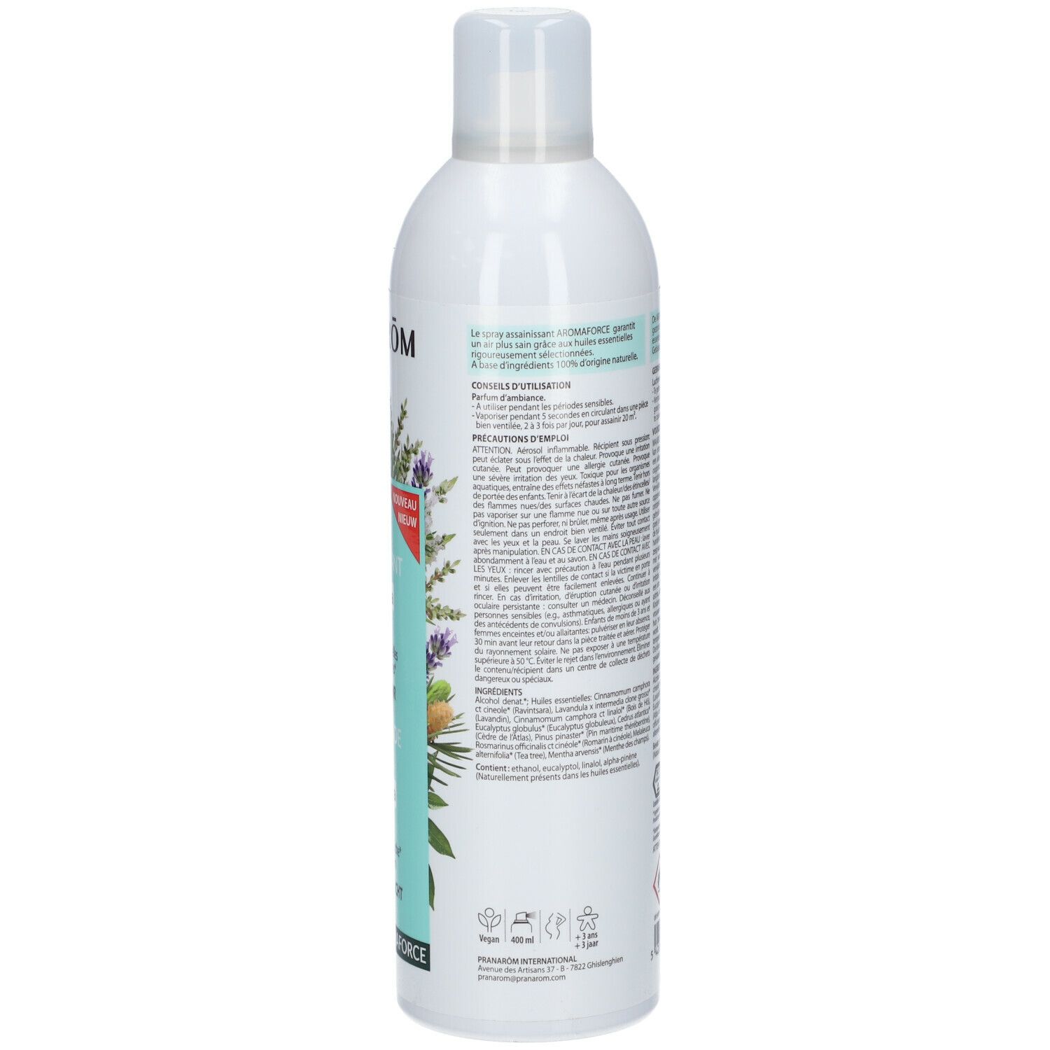 Spray blanc, dos avec texte. Avertissements, ingrédients, certifications et code-barres. Pranarôm.