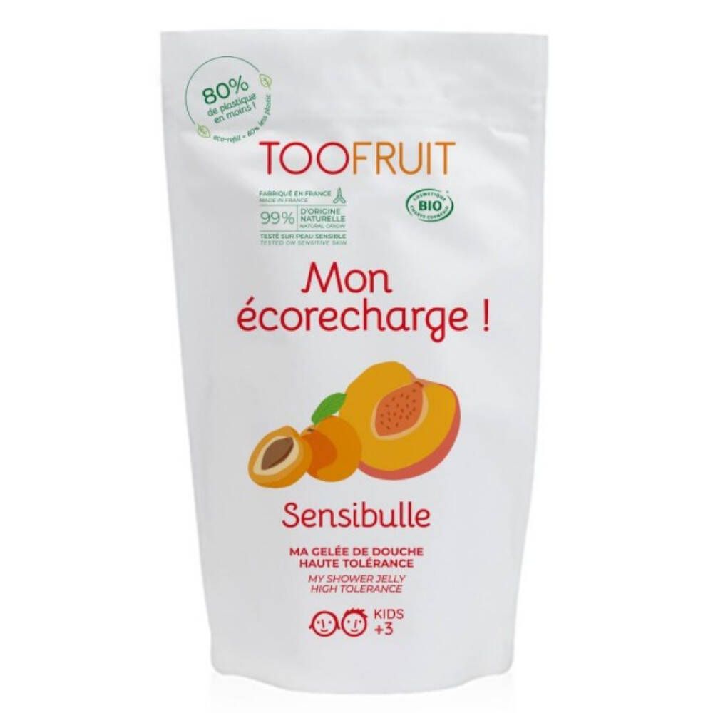 Navulverpakking met perzik-abrikoos motief. Tekst: TOOFRUIT, Mon écorecharge, Sensibulle. Bio-gecertificeerd. 80% minder plastic.