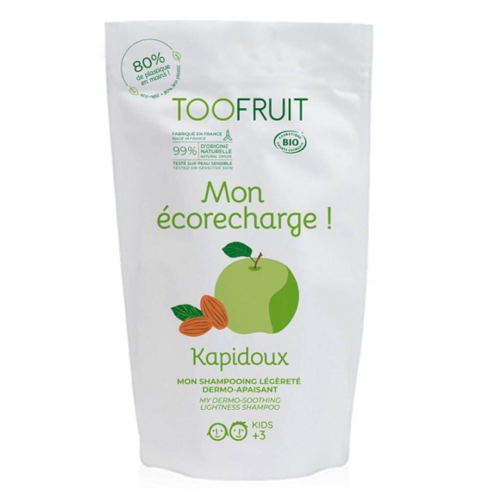 TOOFRUIT Kapidoux shampoo navulling. Illustratie van appel en amandelen. Tekst: Mon écorecharge! Bio-gecertificeerd.