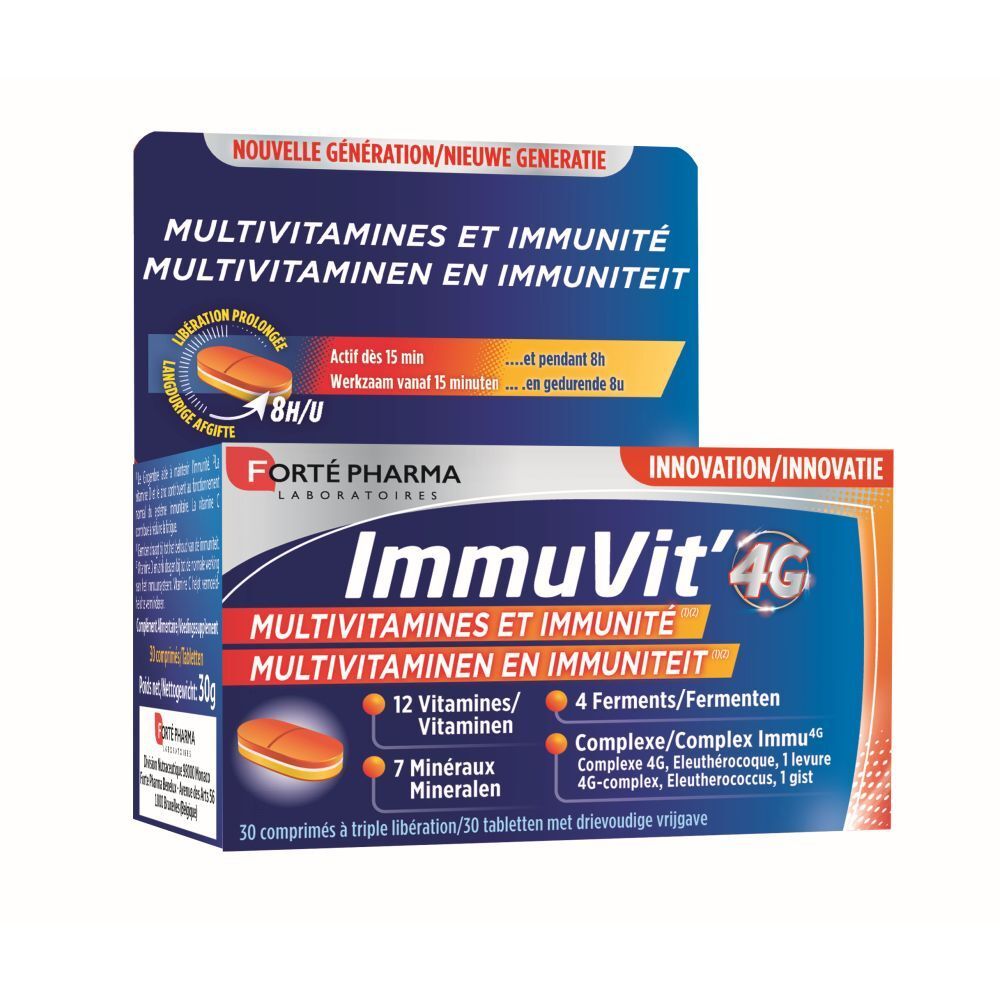 Verpakking van Forté Pharma ImmuVit' 4G. Bevat tabletten met 12 vitaminen, 7 mineralen en 4 fermenten. Meertalige opschriften.