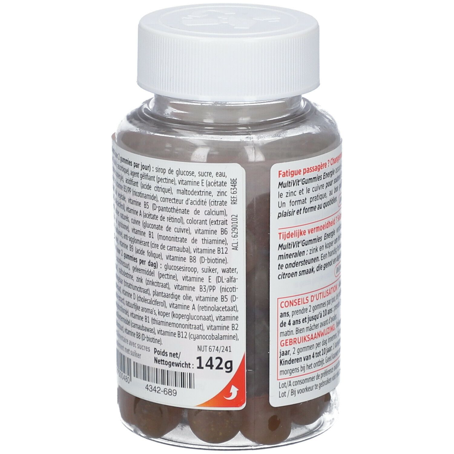 Achteraanzicht van de fles. Label met ingrediënten, voedingswaarde en gewicht van 142g.