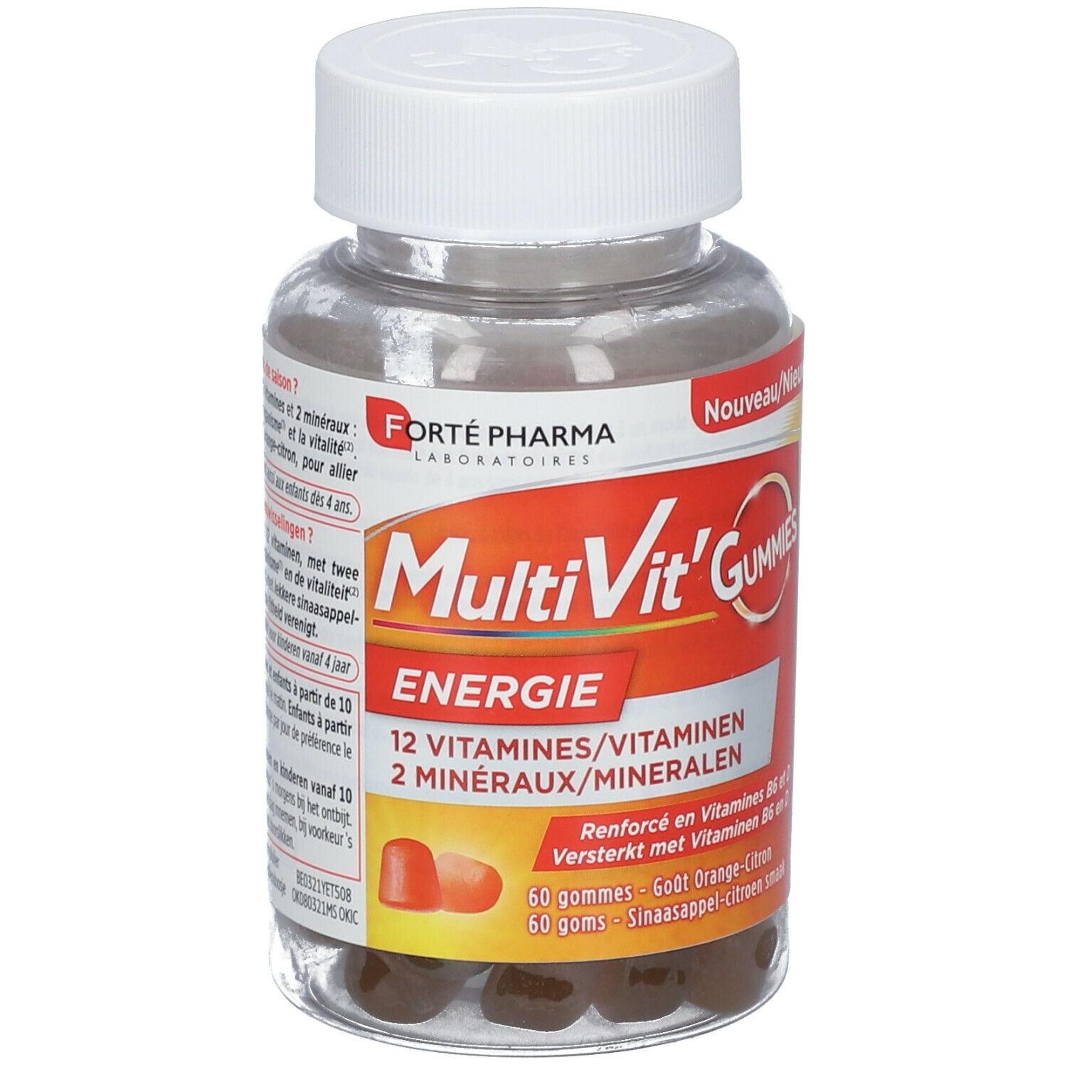 Transparante fles met witte dop. Label met 'MultiVit' Gummies Energie', 12 vitaminen en 2 mineralen. Gummies zichtbaar.